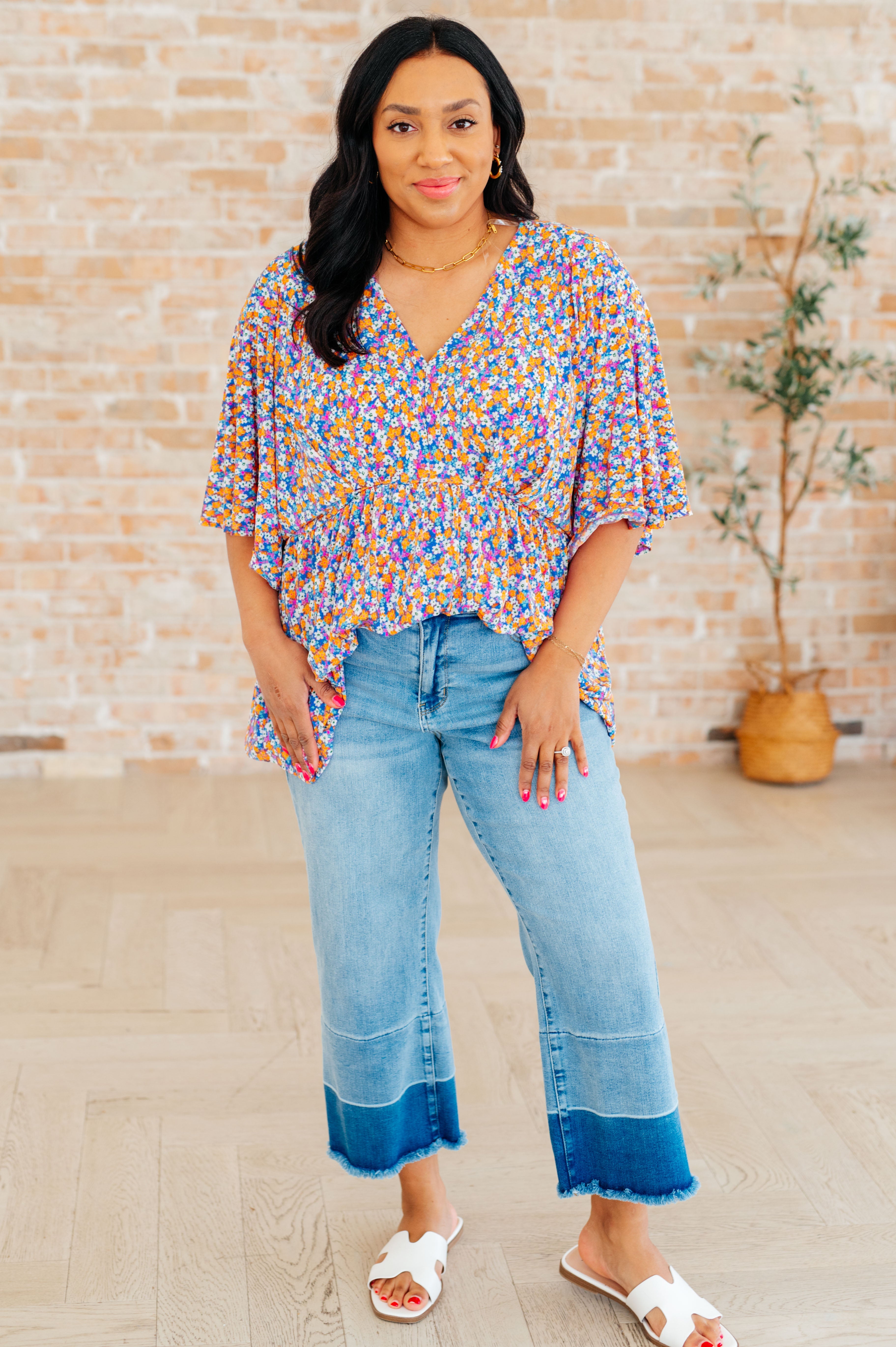 Dreamer Peplum Top - Purple Retro Ditsy Floral Print Women's Blouse for Casual Wear & Date Night Outfits