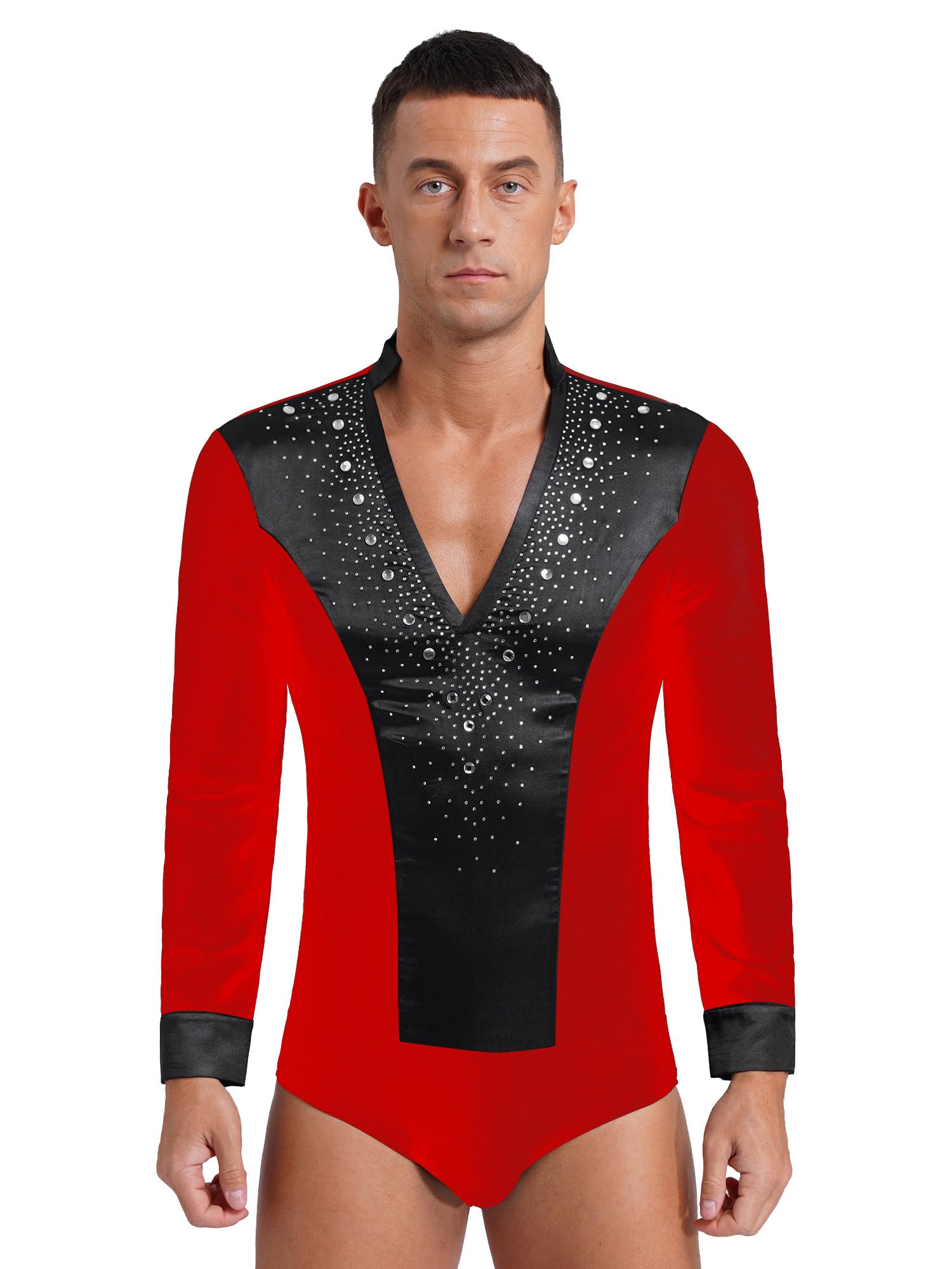 Shiny Rhinestone Men's Dance Bodysuit - Ballroom, Salsa, Samba, Latin & Tango Performance Top | Stretch Leotard for Stage Shows & Dance Competitions