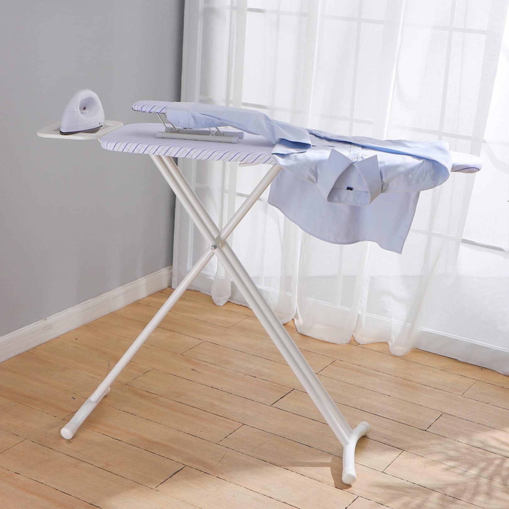 Portable Tabletop Ironing Board with Foldable Legs & Cotton Cover - Compact Travel Ironing Board for Clothes, Perfect for Home, Dorm & Hotel Use (White Stripes) - Ideal for Quick Ironing While Traveling or in Small Spaces