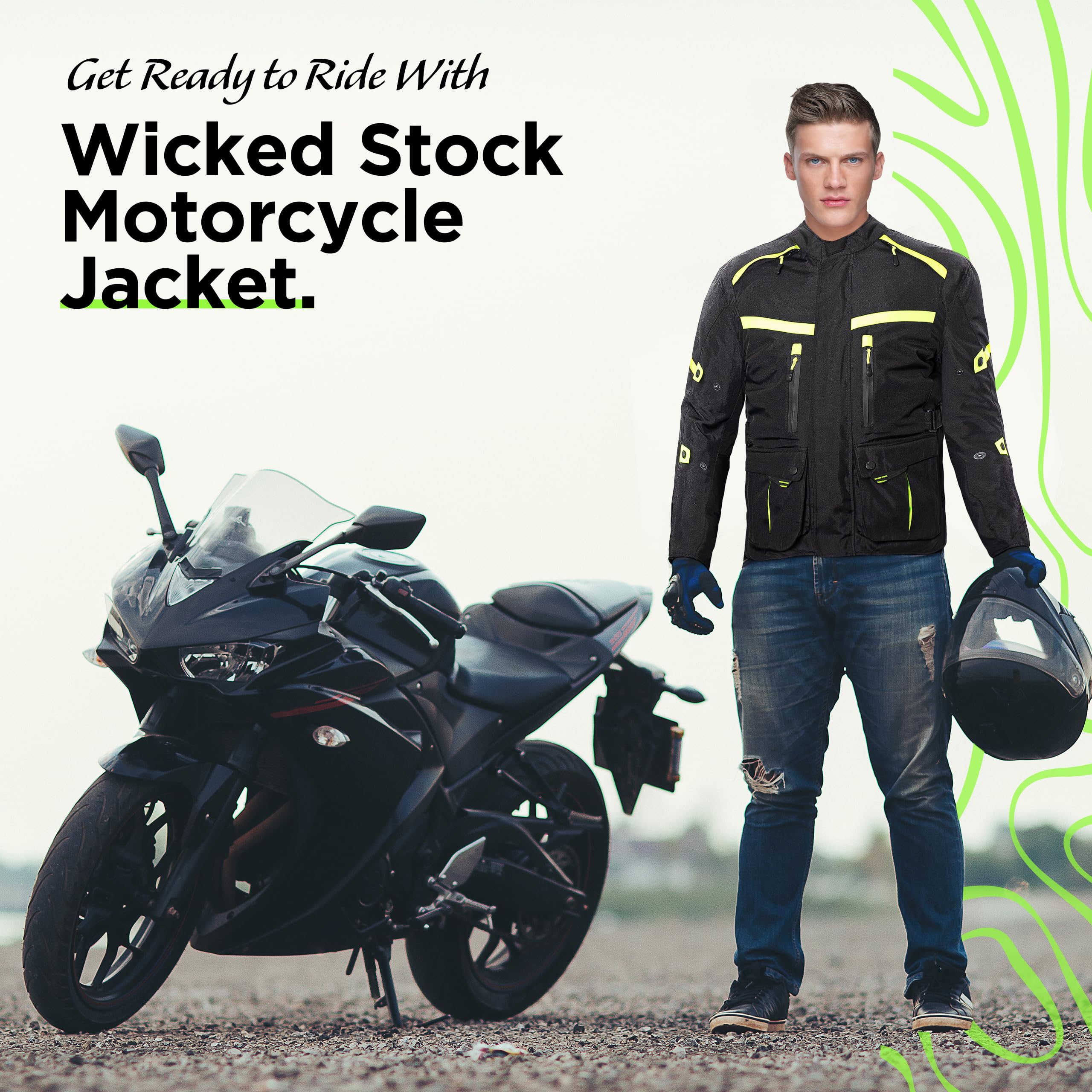 WICKED STOCK CE Level 2 Certified Waterproof Motorcycle Jacket for Men - Reflective Armored Biker Jacket with 8 Pockets & Adjustable Fit (Biceps, Forearms, Waist) - 4 Season Riding Gear for Commuting, Touring & Adventure Motorcycling