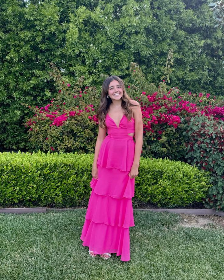 Elegant Hot Pink A-Line Long Prom Dress with Layers - Perfect for Homecoming, Formal Dances & Special Occasions | Style J4057