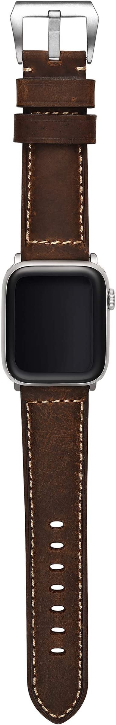 Bullstrap Men's Full-Grain Italian Leather Watch Band for Apple Watch Series - Premium Silver Hardware - Durable & Stylish Replacement Strap for Work, Travel & Everyday Wear