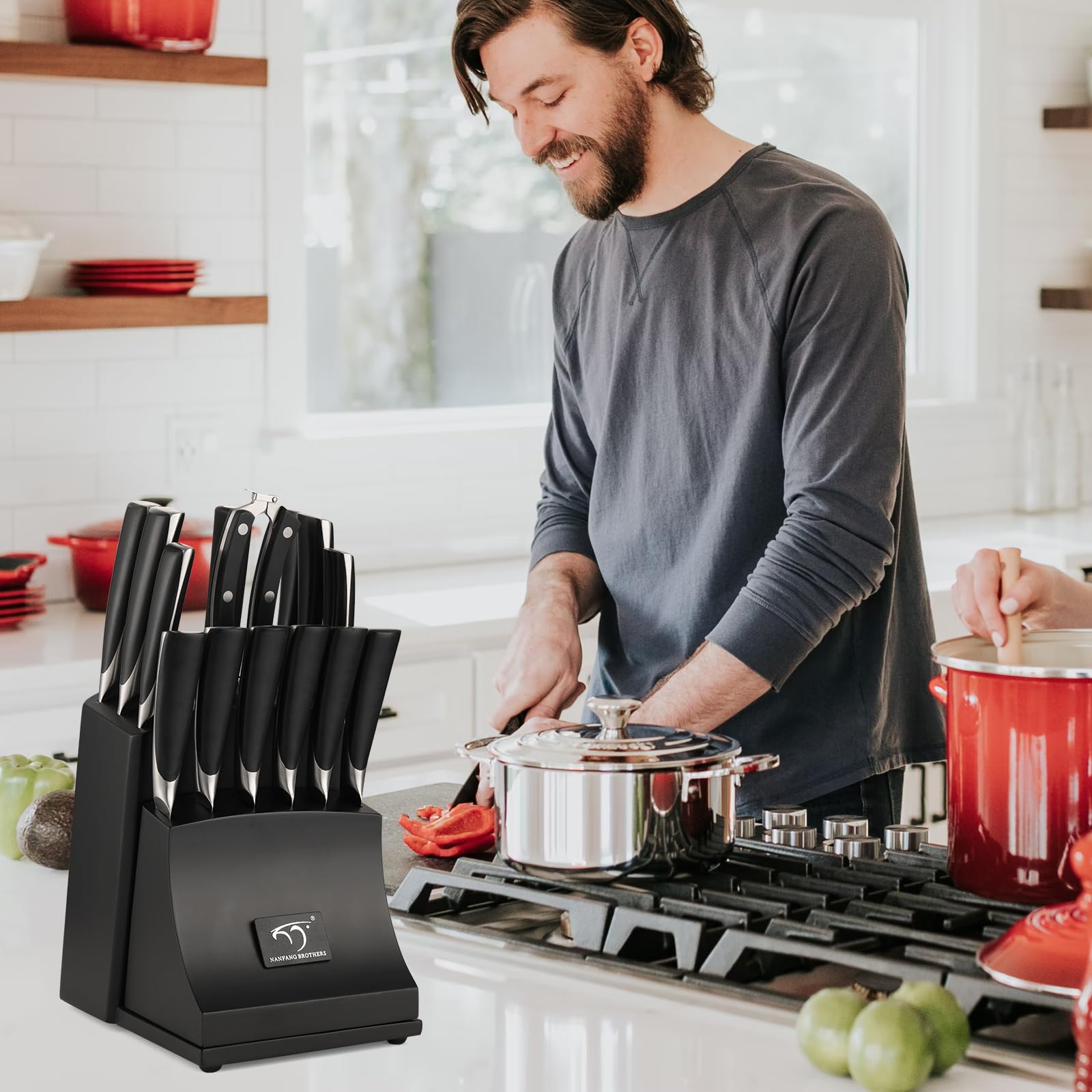 Premium 15-Piece Damascus Steel Knife Set with Wooden Block - Professional Chef Knives, Carving Fork & Ergonomic ABS Handles - Perfect for Home Cooking, BBQ & Gourmet Meal Preparation (Black)