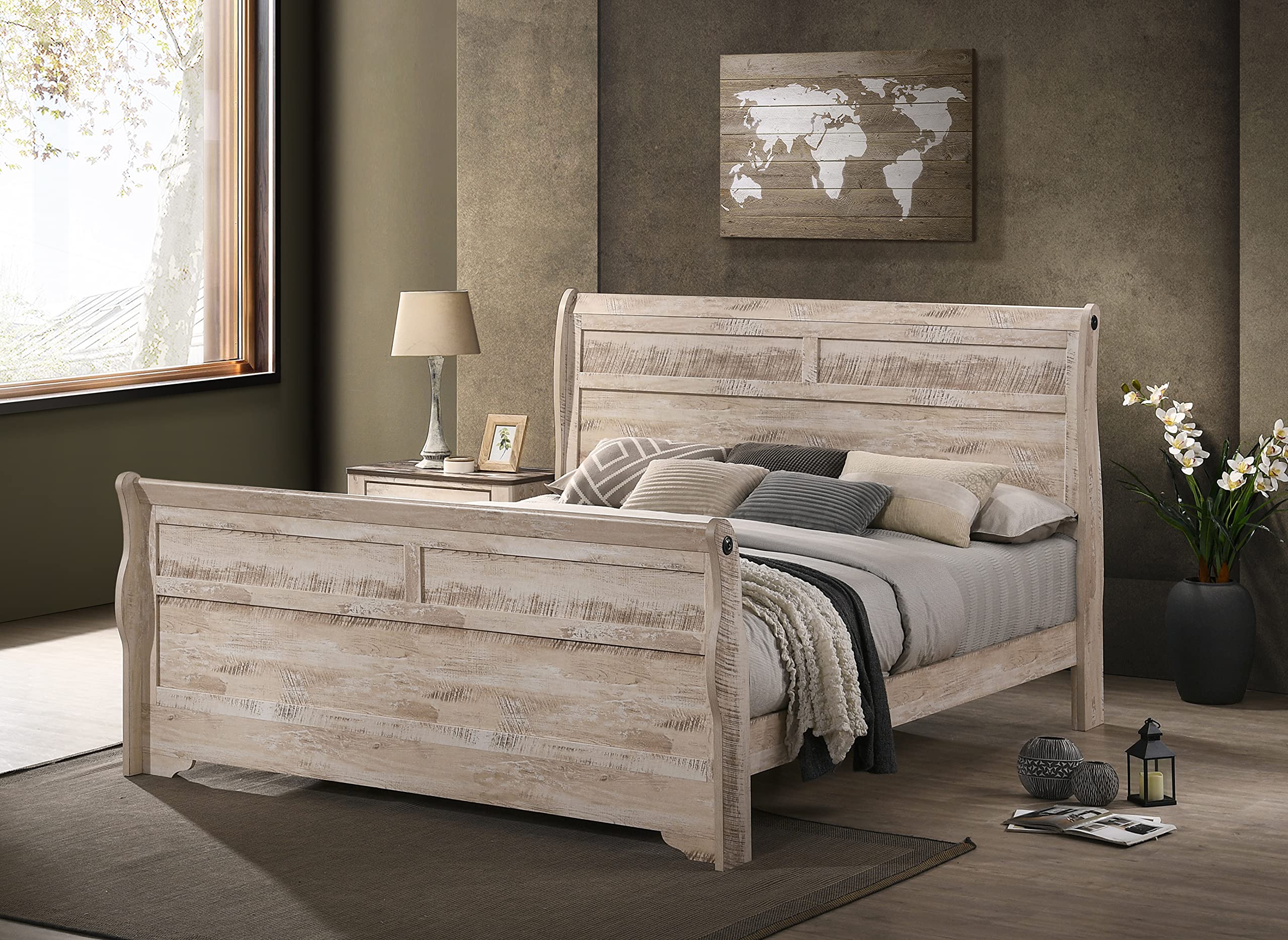 Roundhill Furniture Imerland 6-Piece King Size Sleigh Bedroom Set with White-Washed Finish - Perfect for Master Bedrooms & Guest Rooms