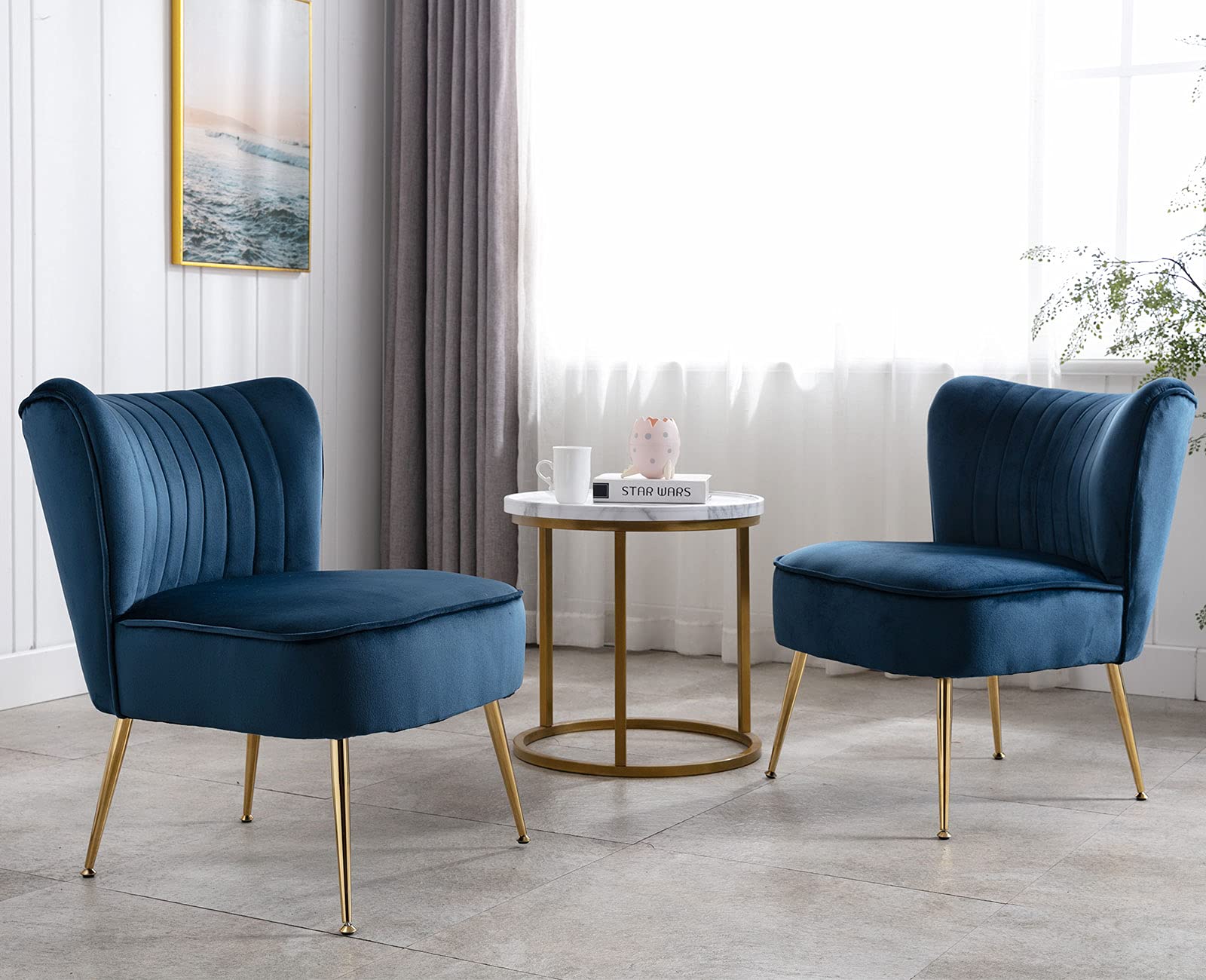 Velvet Accent Chairs Set of 2 - Mid-Century Modern Upholstered Side Chairs with Golden Legs - Blue Slipper Chairs for Living Room, Guest Room & Corner Seating - Comfy Armless Wingback Sofa Chairs for Relaxing & Home Decor