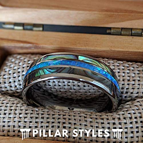 Men's Ocean Blue Opal Ring with Abalone Shell - Blue Fire Opal Tungsten Wedding Band for Him - Durable & Stylish Jewelry for Grooms, Anniversaries & Special Occasions
