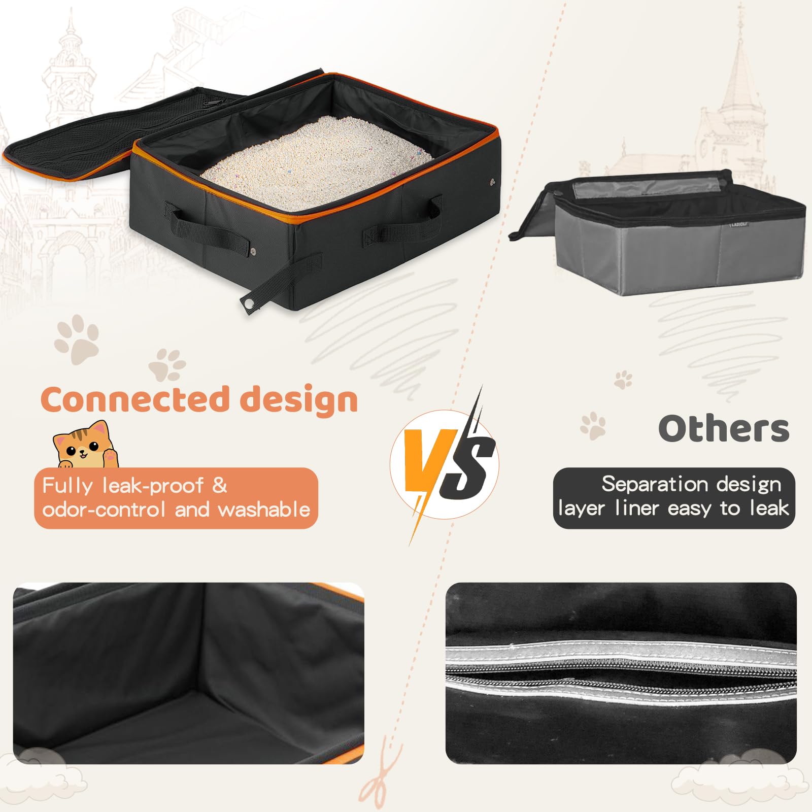 Odorless Dustless Foldable Cat Litter Box with Lid - Portable Travel Litter Box Kit for Indoor & Car Use - Lightweight Enclosed Cat Toilet for Home, Road Trips & Camping