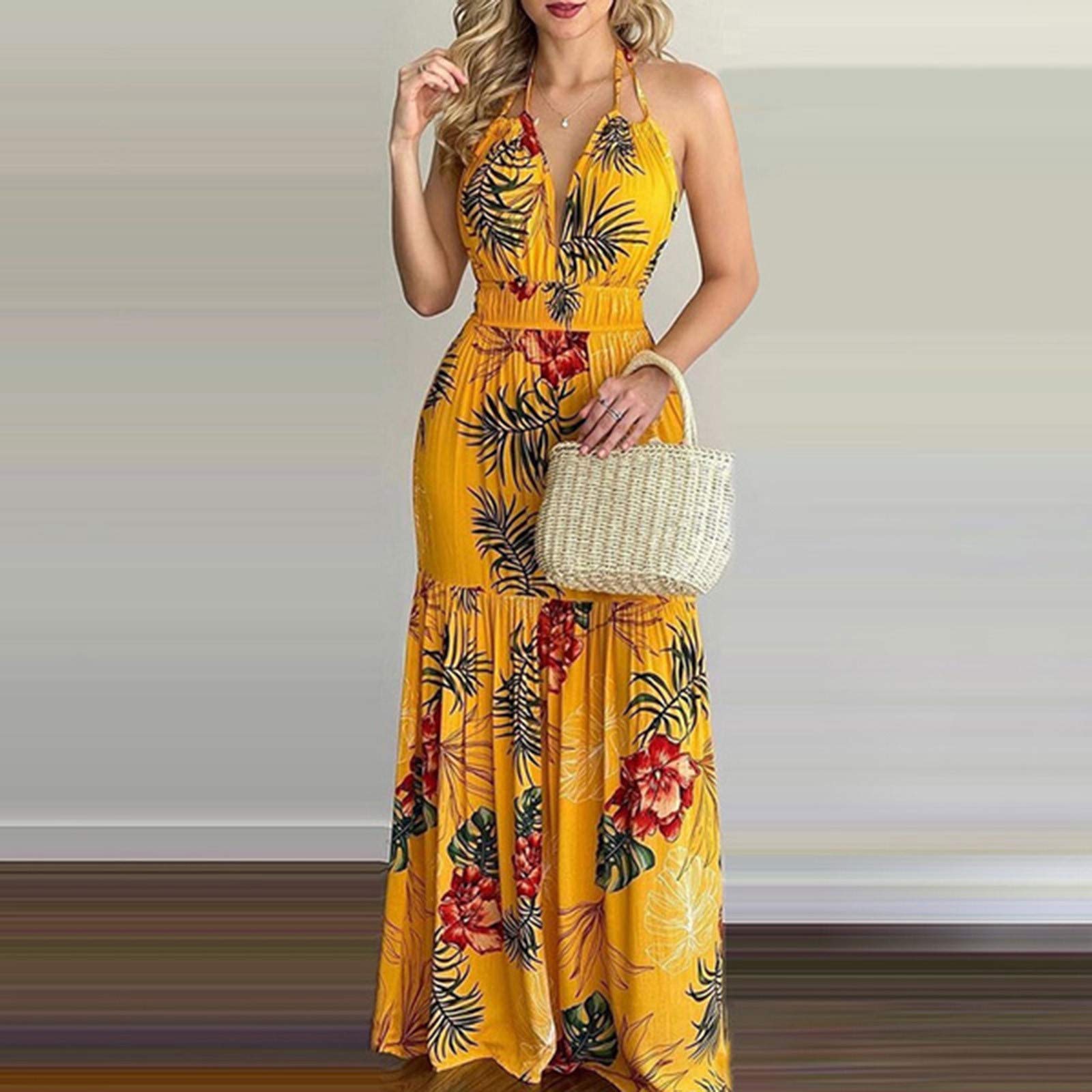 Women's Tropical Print Halter Backless Maxi Dress - Sexy Sleeveless Beach Sundress for Casual Party & Vacation - Green Large Size | Perfect for Summer Getaways, Beach Weddings & Tropical Vacations
