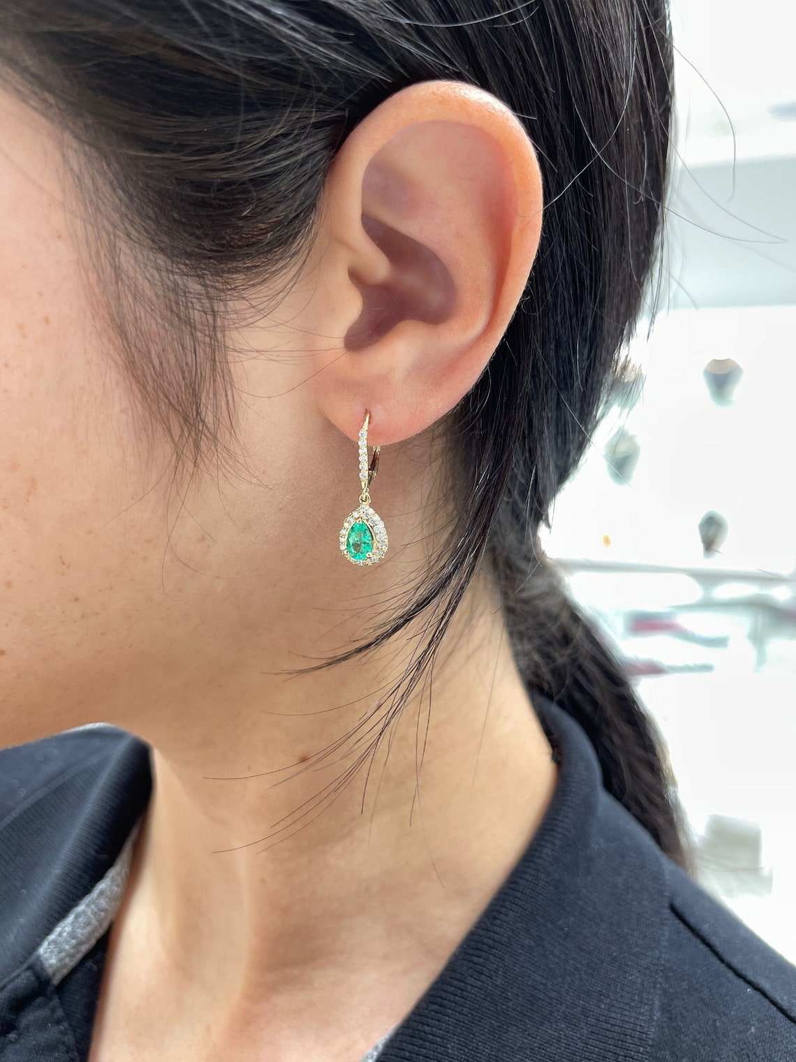 2.50tcw Colombian Emerald & Pave Diamond Teardrop Lever Back Dangle Earrings in 14K Gold - Elegant Jewelry for Weddings, Parties & Special Occasions