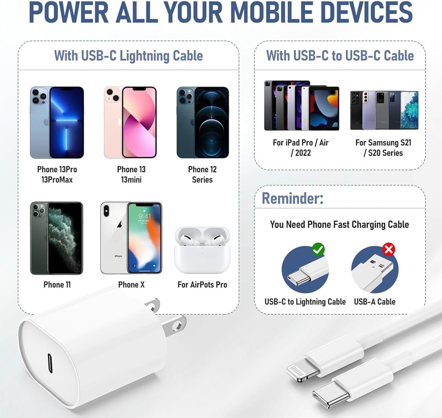 20W Fast Charger for iPhone 14 13 12 Pro Max/Plus - 2 Pack USB C to Lightning Cable (6FT+10FT) with Power Adapter - Quick Charge Compatible with iPhone 14/13/12 Series - Perfect for Home, Office & Travel Charging - White