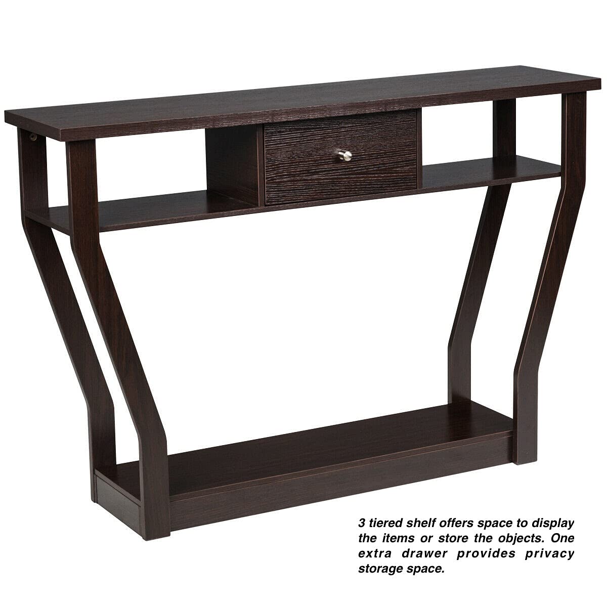 Dark Brown Modern Console Table with Curved Legs & Slide-Out Drawer - Entryway Hallway Accent Table with Bottom Display Shelf for Living Room, Bedroom, Home Office Décor | Perfect for Small Spaces & Apartment Entryways