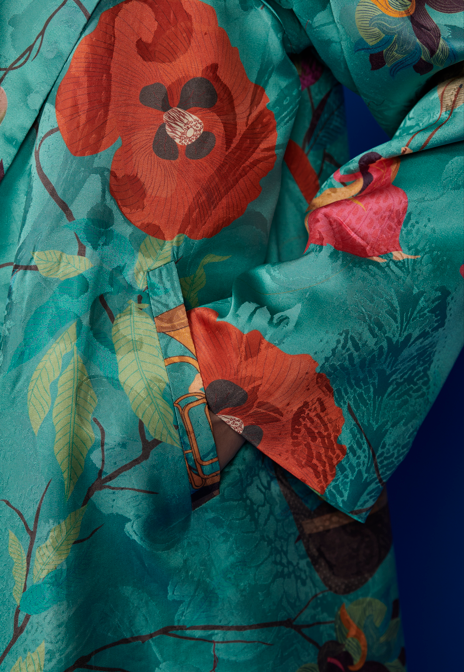 Elegant Long Silk Damask Coat in Aqua - Perfect for Formal Events, Weddings & Evening Parties