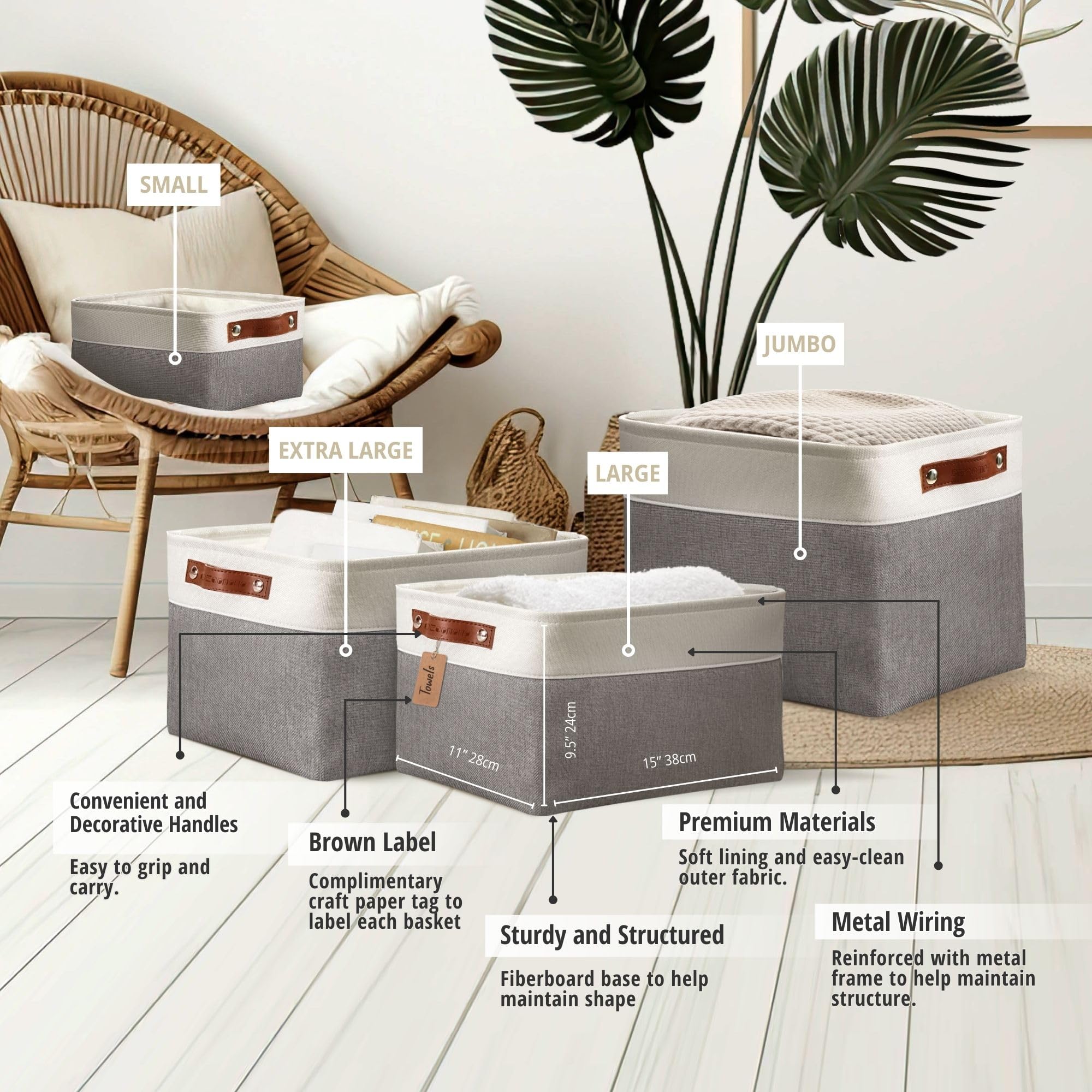 DECOMOMO Fabric Storage Bins - Large 3-Pack Closet Organizer Baskets for Shelves, Toys, Nursery & Home Organization (Slate Grey & White) - Perfect for Bedroom, Playroom & Closet Storage Solutions