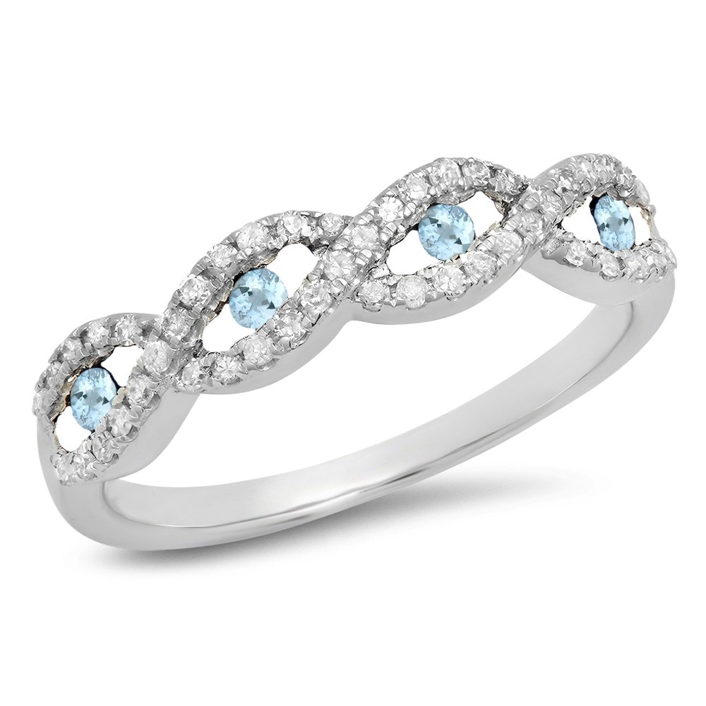 10K Solid Gold Round Aquamarine & White Diamond Wedding Ring - Stackable Anniversary Band, Bridal Swirl Ring for Women - Perfect for Engagement, Proposal, Anniversary Gift & Everyday Wear
