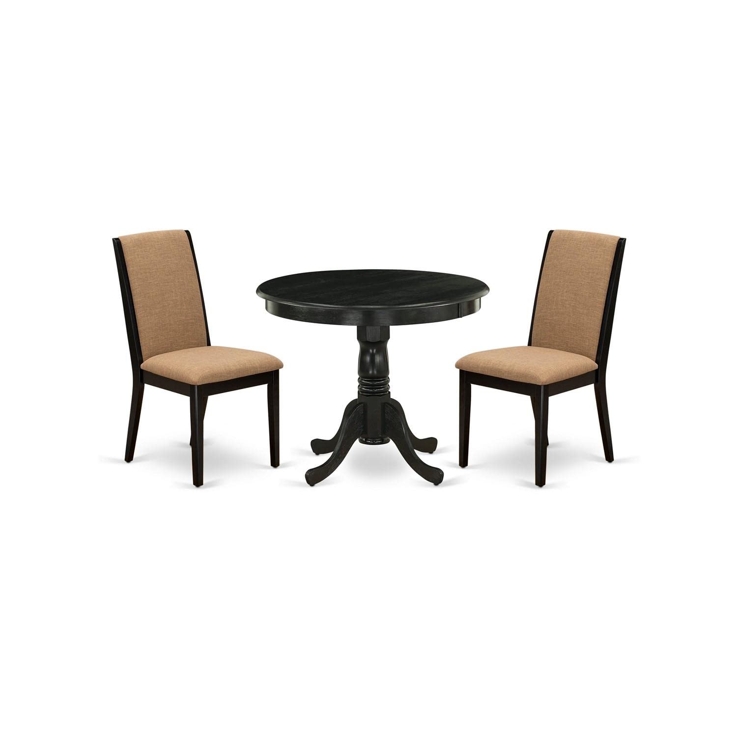 East West Furniture 3-Piece Round Dining Set - 36x36 Inch Pedestal Table & 2 Light Sable Linen Chairs, Wirebrushed Black Finish - Perfect for Small Kitchens, Breakfast Nooks & Cozy Dining Spaces