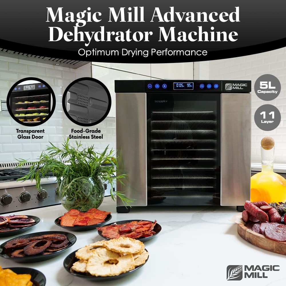 Magic Mill Food Dehydrator Machine - 11 Stainless Steel Trays with Adjustable Timer & Temperature Control | Perfect for Drying Jerky, Herbs, Meat, Fruits & Vegetables | Overheat Protection | Ideal for Home Kitchen, Camping & Food Preservation