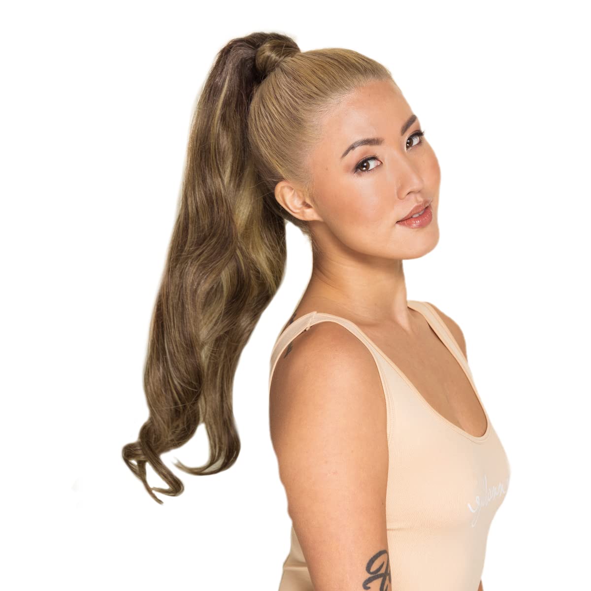 WENNALIFE 20 Inch Human Hair Ponytail Extension - 80g Balayage Chocolate Brown to Caramel Blonde Clip-in Wrap Around Remy Hairpiece for Women | Perfect for Parties, Weddings & Everyday Styling