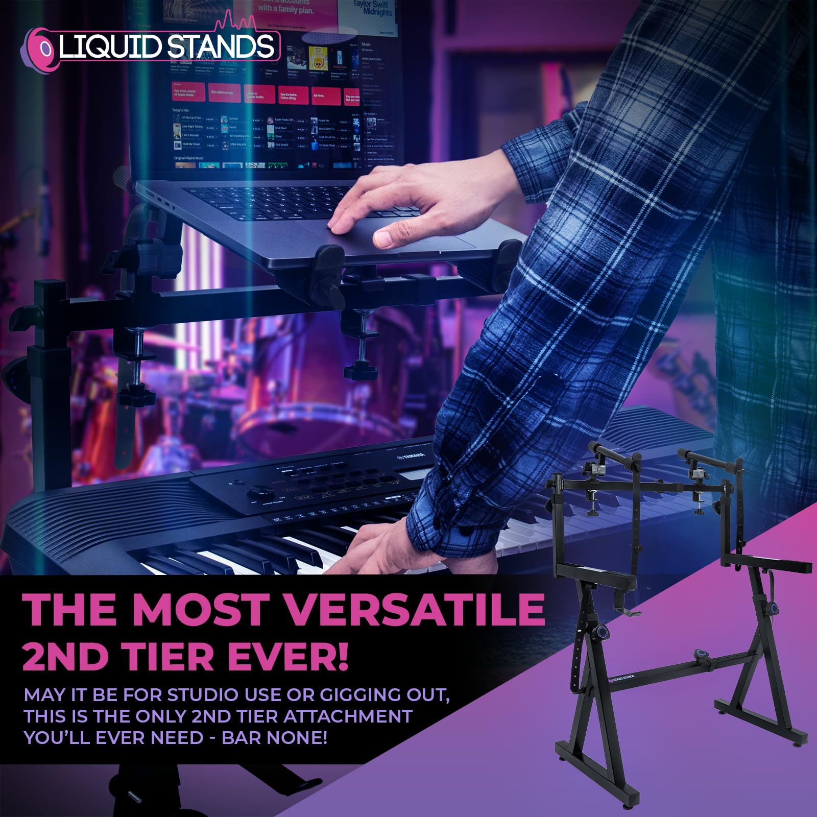 Dual Tier Adjustable Z-Style Piano Keyboard Stand with 2nd Tier Arms - Heavy Duty Portable Music Stand for 54/61/88 Key Digital Pianos & Synthesizers - Perfect for Home Studios, Live Performances & Music Classrooms