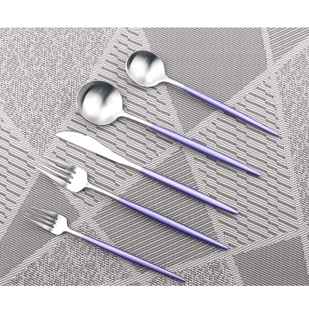 Premium 5-Piece Stainless Steel Flatware Set - 18/10 Rustproof Silverware for Home, Kitchen, Restaurant & Travel - Matte Finish with Purple Handle - Elegant Dining Utensils for Everyday Meals, Dinner Parties & Outdoor Picnics
