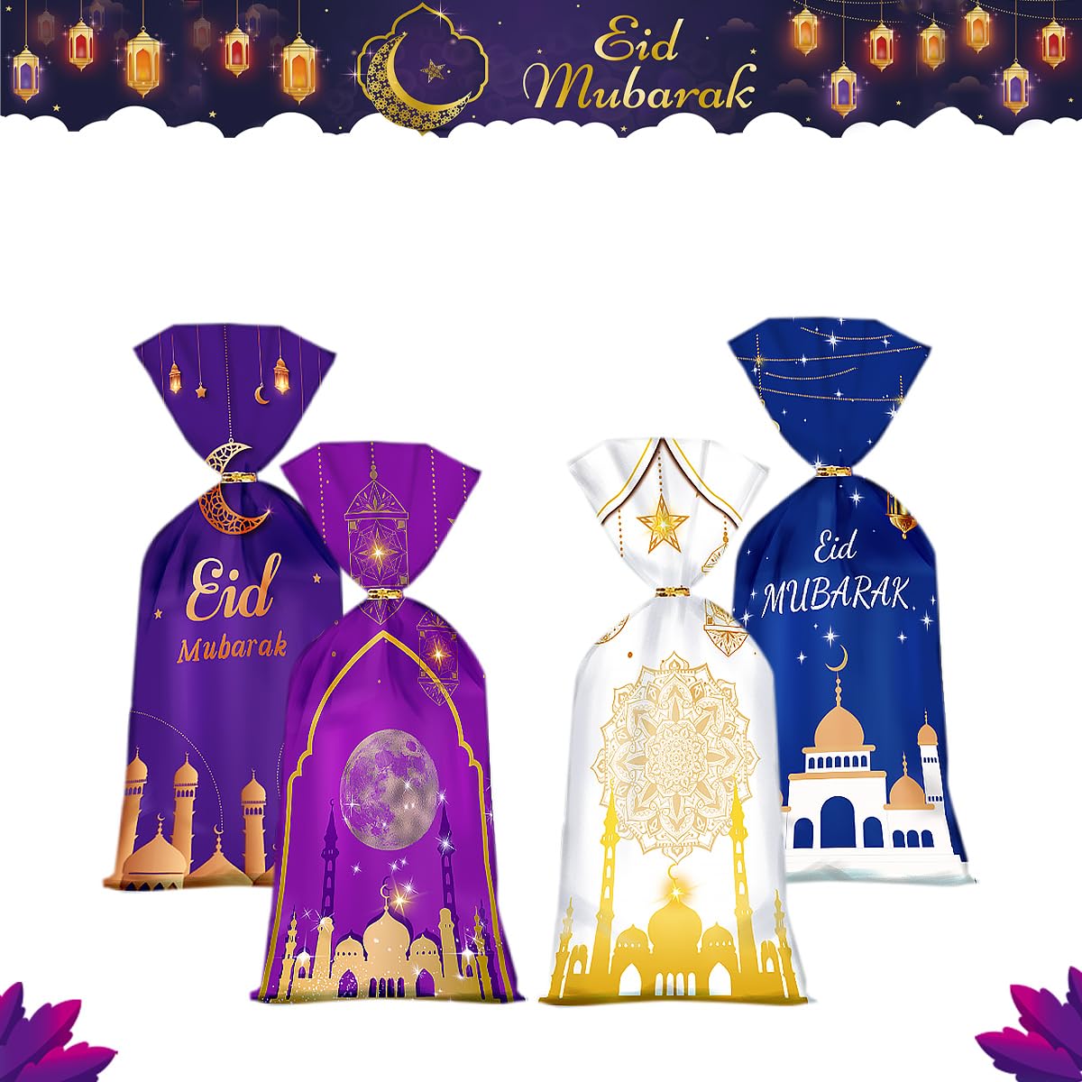 Artby7 Ramadan Cellophane Treat Bags - Eid Moon Cookie Candy Goodie Bags with Twist Ties - Perfect for Eid Mubarak Party Supplies & Holiday Celebrations