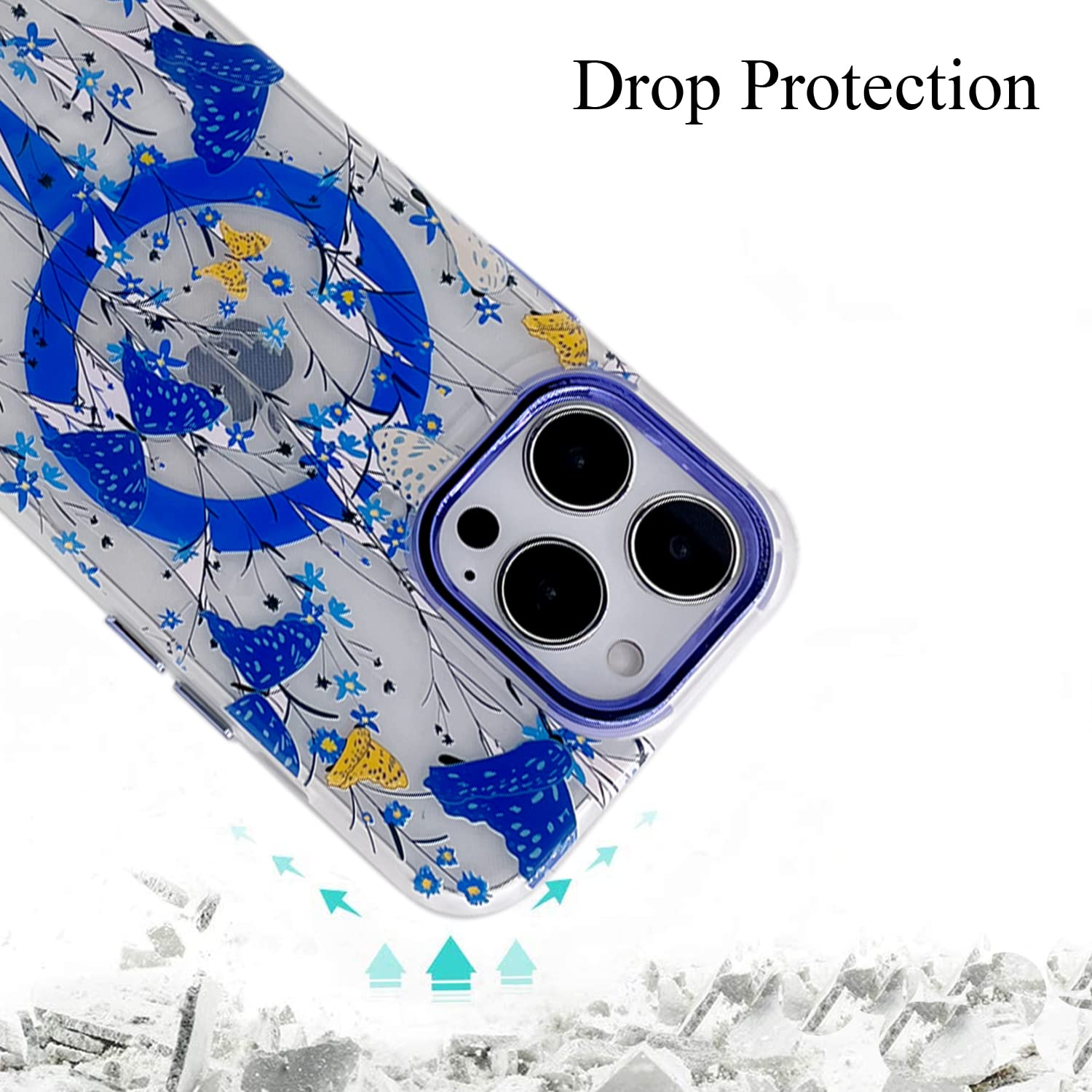 **Magnetic Soft Silicone Case for iPhone 13 Pro 6.1 Inch - Ultra Slim Translucent Matte Edge, Compatible with MagSafe Charger - Cute Blue Butterfly Floral Design - Perfect for Everyday Use, Office & Travel**