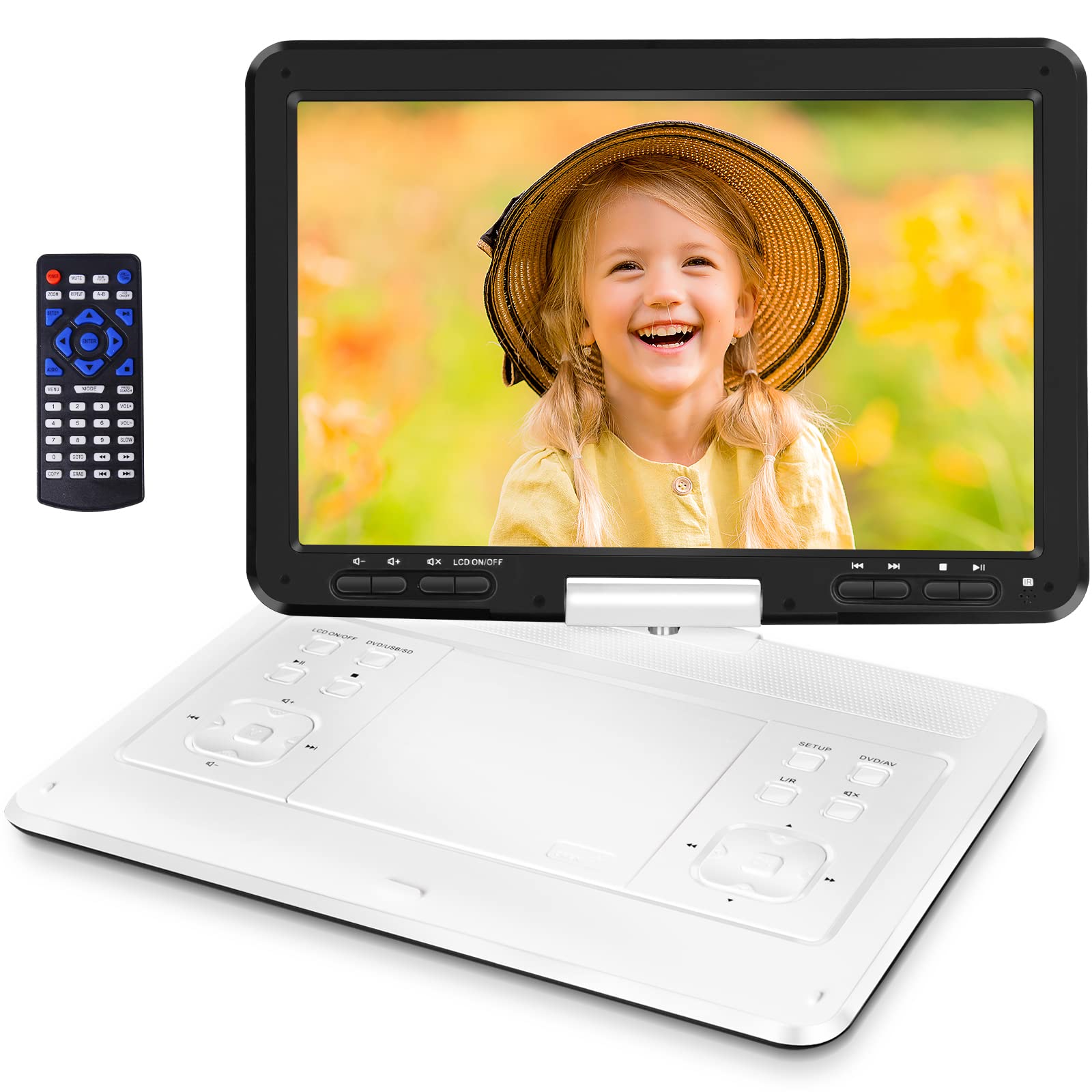 16.9'' Portable DVD Player with 6-Hour Battery, 14.1'' HD Swivel Screen, New Button Design, High Volume Speakers, Sync TV/Region Free/Multiple Discs, White - Perfect for Travel, Camping, and Family Movie Nights