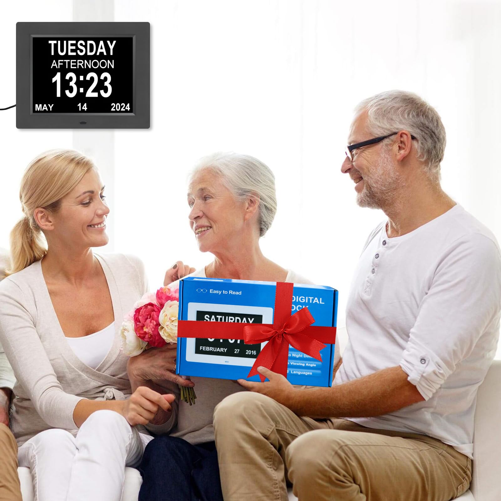Large Display Digital Dementia Clock for Seniors - Easy-to-Read Day/Date Alarm Clock with 8 Alarm Options & Auto-Dimming Feature - Ideal for Alzheimer's Patients, Elderly Care, and Memory Support (Home & Care Facility Use)