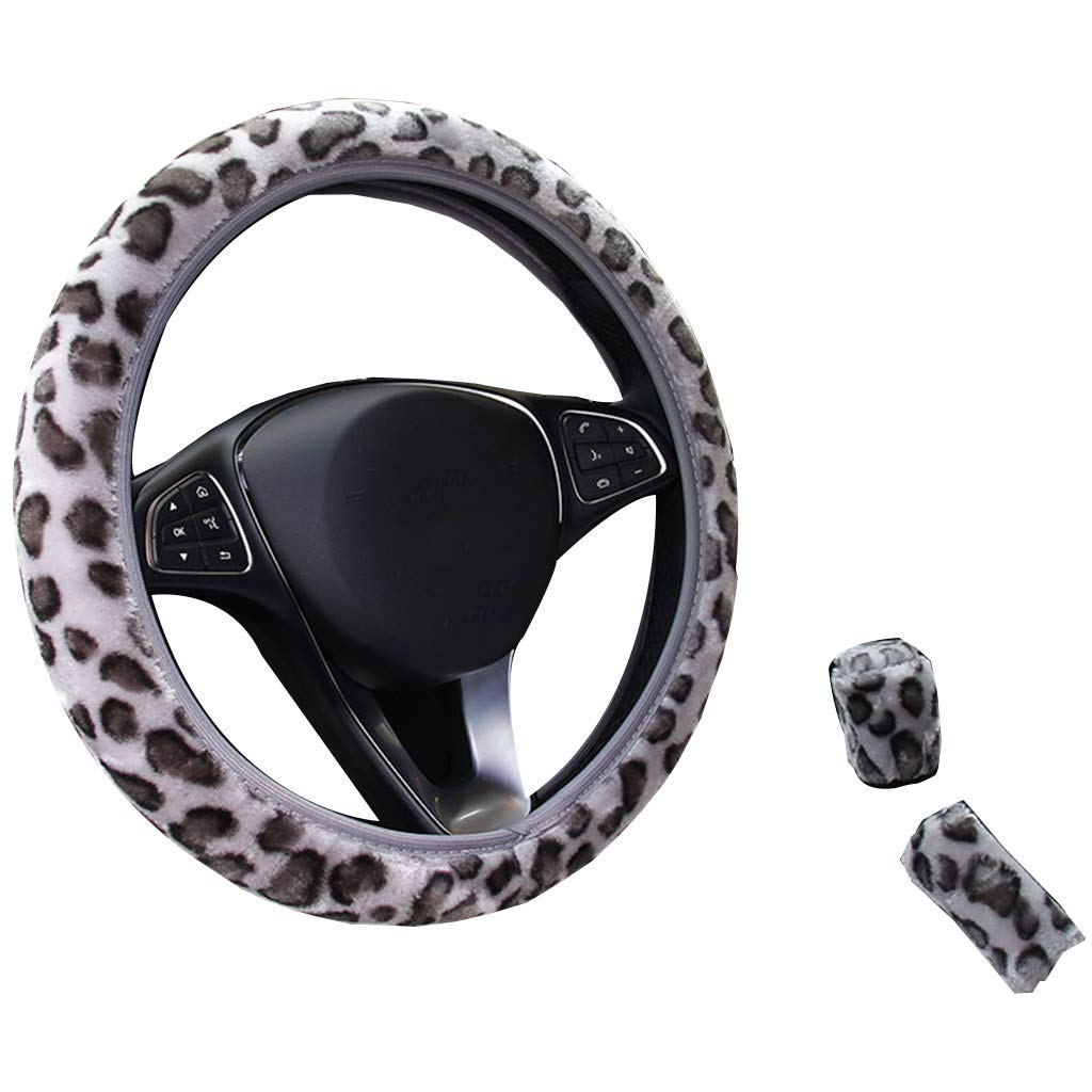 QUQUTWO 3Pcs Leopard Steering Wheel Cover Set - Grey for Car Interior Protection