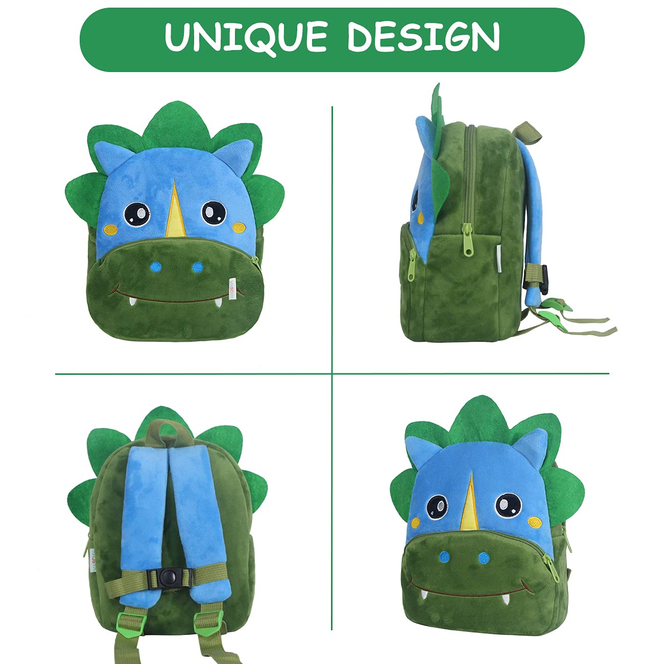 VASCHY Cute Plush Animal Toddler Backpack for Boys & Girls - Dinosaur Design Small Daycare Backpack for Little Kids | Perfect for Preschool, Travel & Daily Use