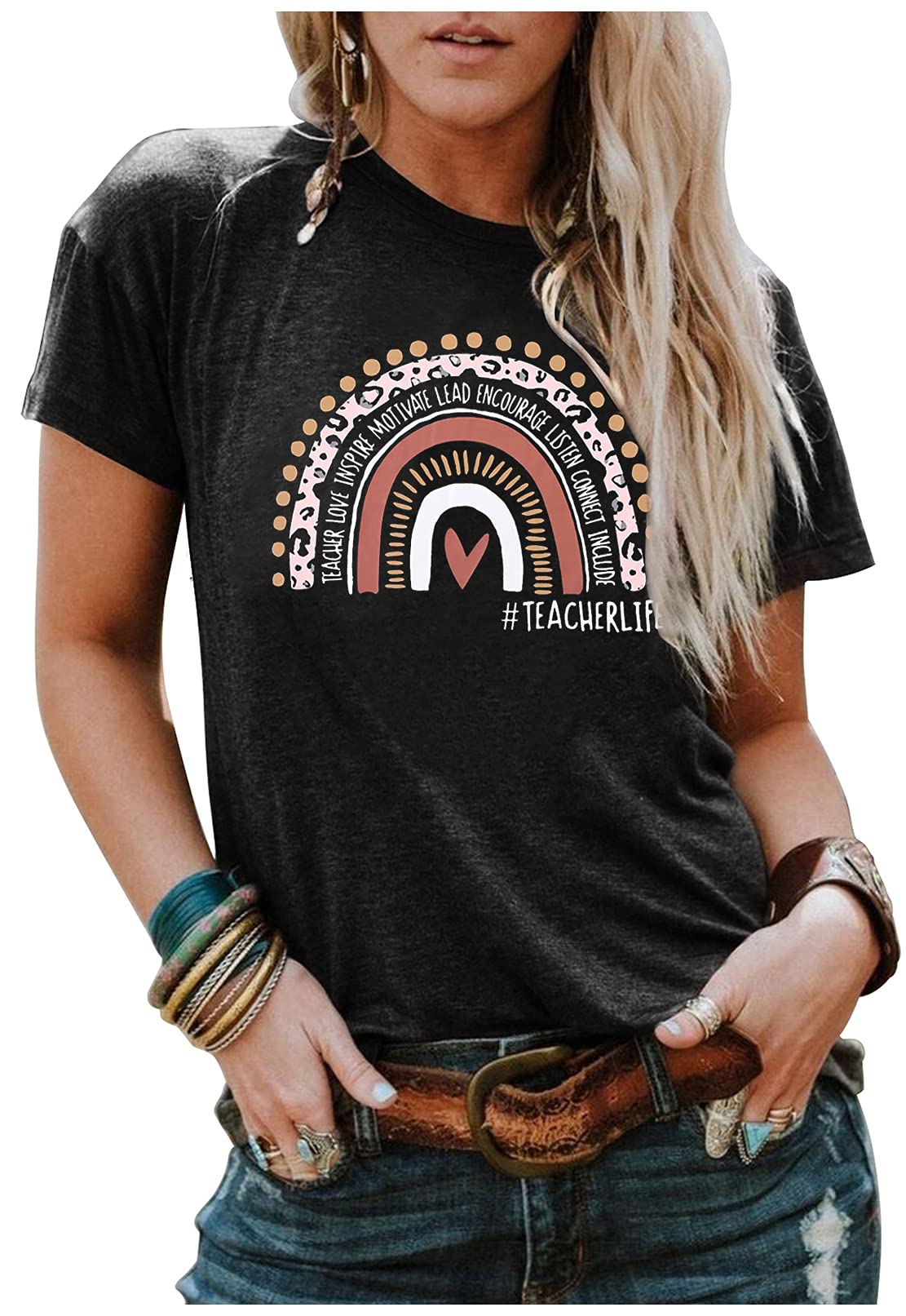 Rainbow Leopard Print Graphic T-Shirt for Women - Inspirational Teacher Apparel, Cute Kindergarten Teacher Gifts - Perfect for Classroom Wear, Teacher Appreciation Week & Casual Outfits