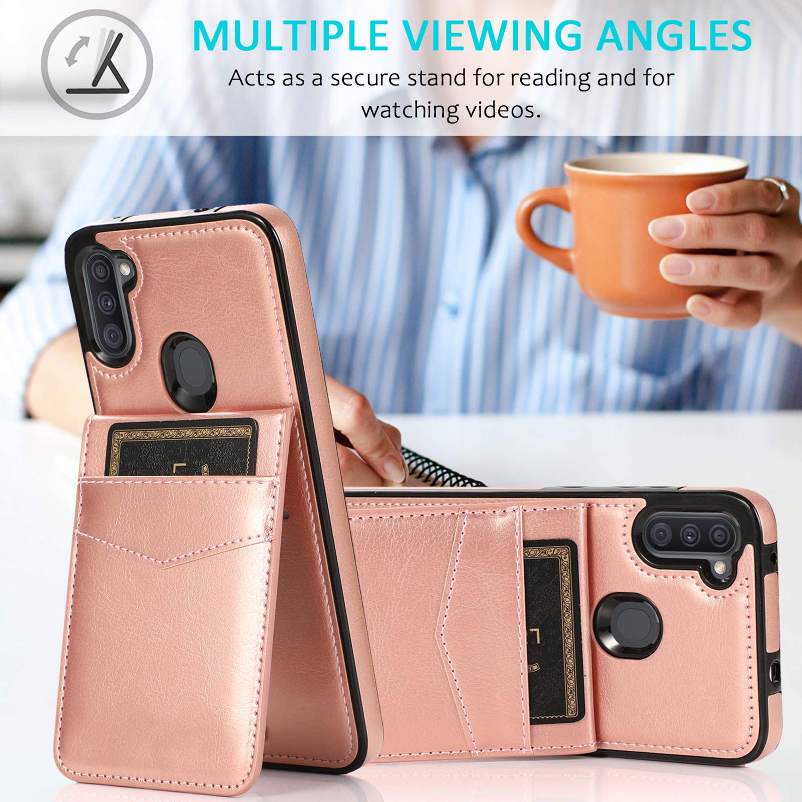 Premium Leather Wallet Phone Case for Samsung Galaxy A11 with Built-in Card Holder & Stand | Tempered Glass Screen Protector Included | Women's Rose Gold Design | Perfect for Everyday Use, Travel & Hands-Free Viewing