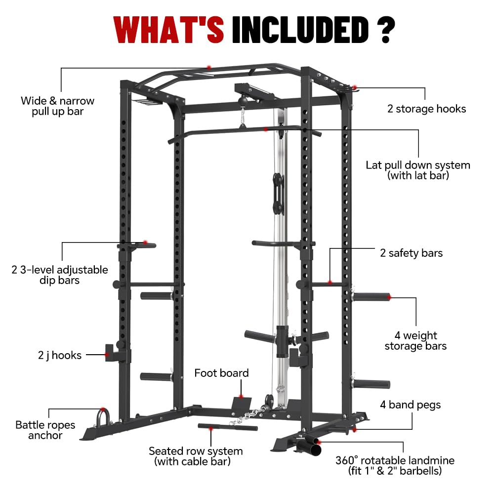 Power Cage & Multi-Functional Power Rack with LAT Pulldown System - Full Body Workout Equipment for Home Gym | Squat Rack with Cable Pulley, Optional Lever Arm & Weight Plates Combo | Perfect for Strength Training, Weightlifting & CrossFit Workouts