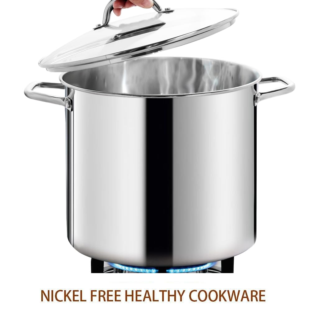 HOMICHEF 24 Quart Stainless Steel Stock Pot with Lid - Nickel-Free Heavy Duty Induction Soup Pot - Healthy Polished Cookware for Large Families & Catering - Perfect for Soups, Stews, Pasta & Canning