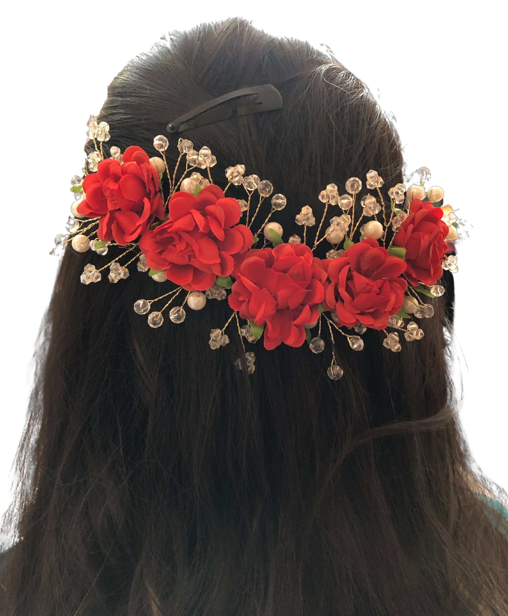 Samyak Handmade Artificial Flower Hair Vine Bun Hair Accessories - Red Bridal Hair Jewelry for Weddings, Bridesmaids, Prom & Special Occasions