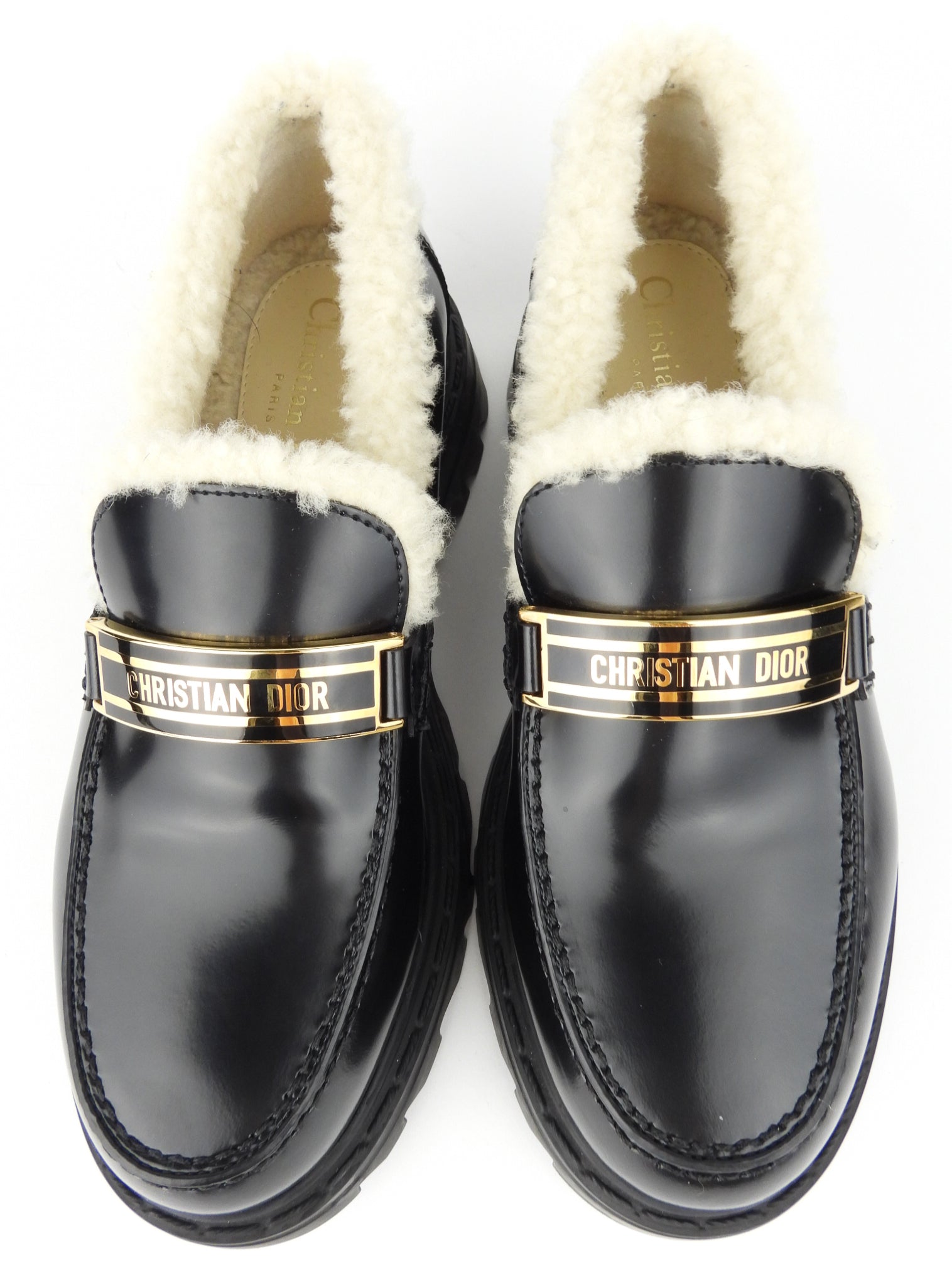 Christian Dior Black Brushed Calfskin Leather Shearling Loafers - Dior Code Slip-On Shoes Women's Size 36.5 | Luxury Designer Loafers for Office, Party & Casual Wear