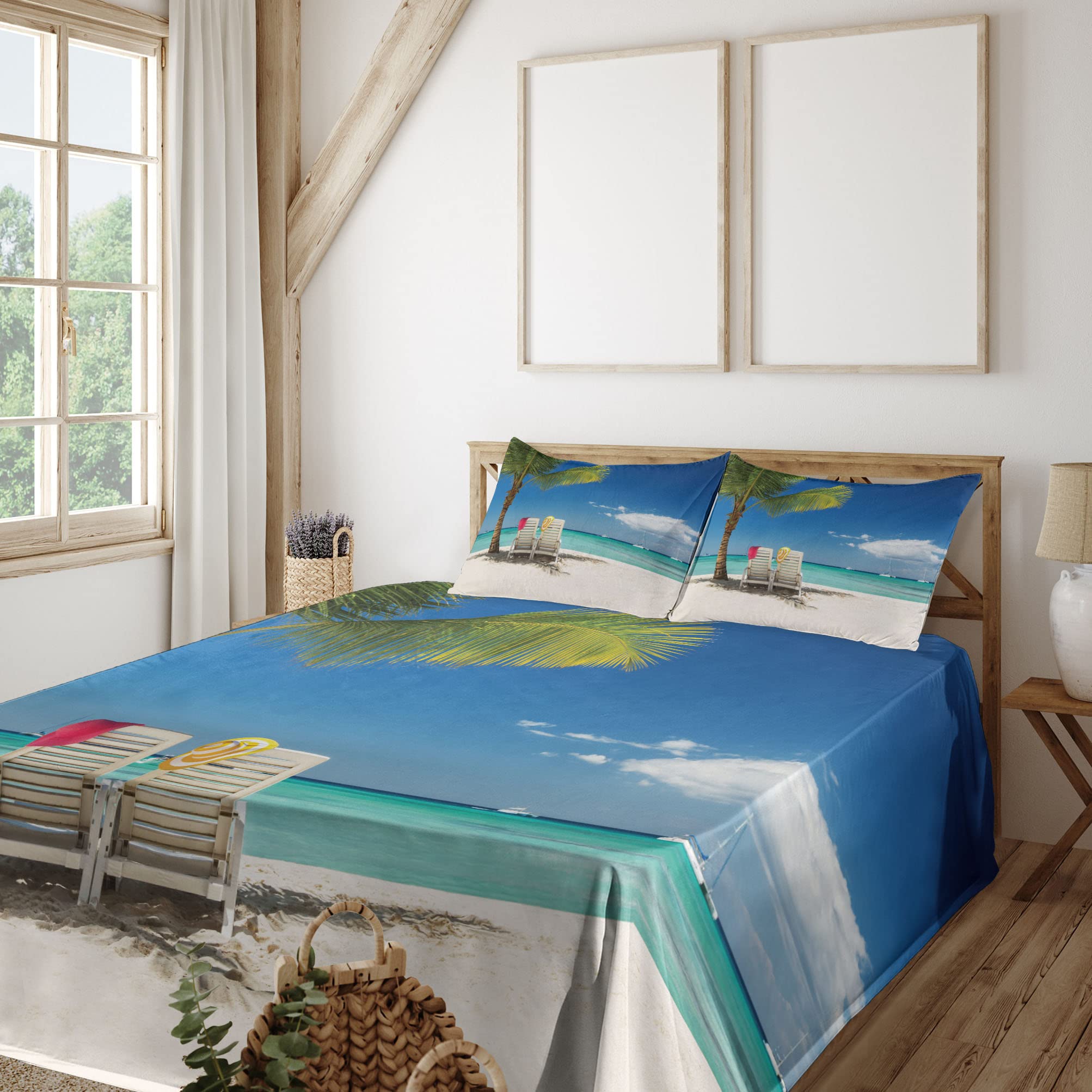 Ambesonne Seaside King Size 4-Piece Sheet Set - Ocean Beach Panoramic Print with Palm Trees, Chairs & Boats - Soft Fitted & Flat Sheets + Pillowcases (Green/Blue) - Perfect for Coastal Bedroom Decor & Vacation Home Styling