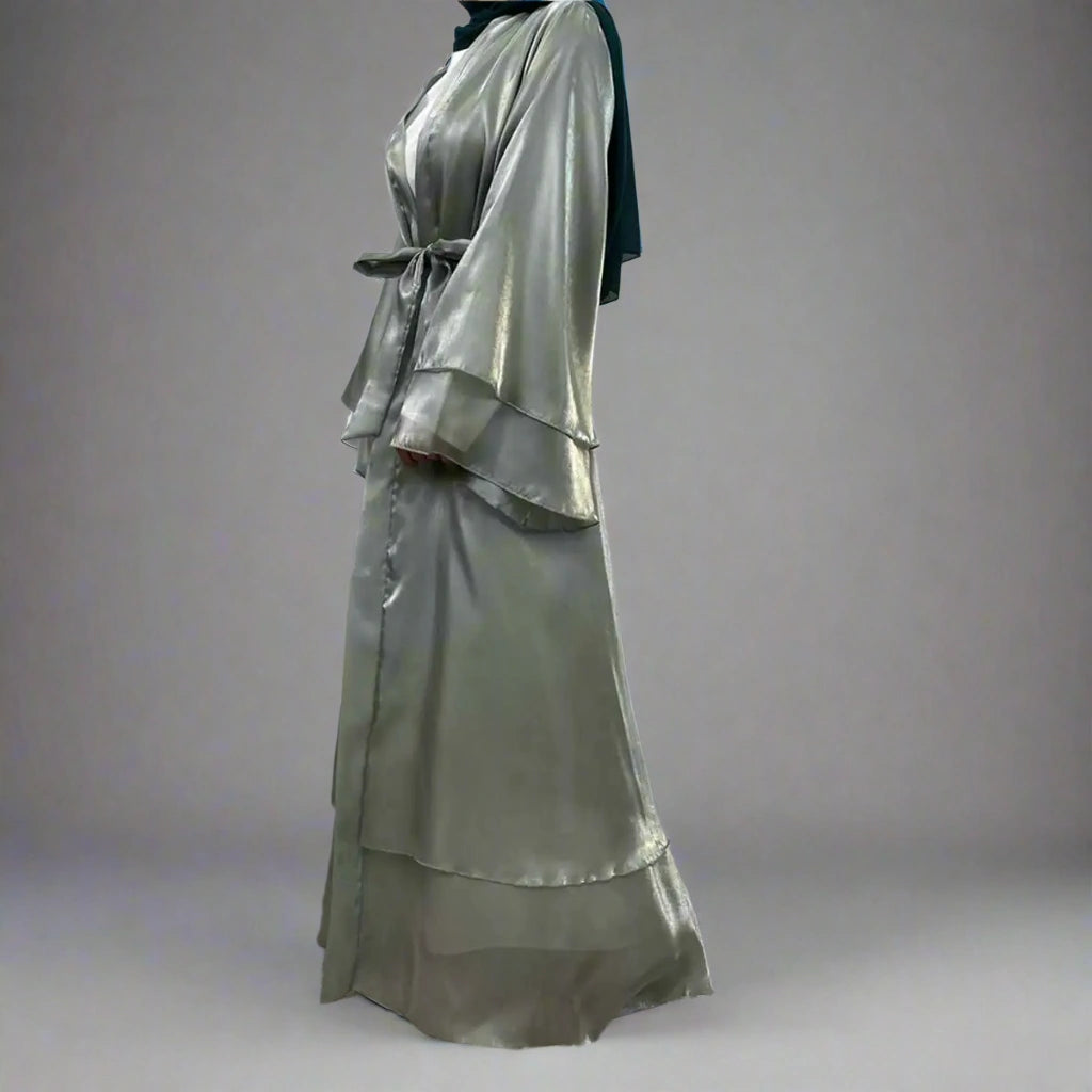 Elegant Double Layer Satin Open Abaya Dress for Women - Modest Muslim Prayer Dress for Mosque, Eid & Special Occasions