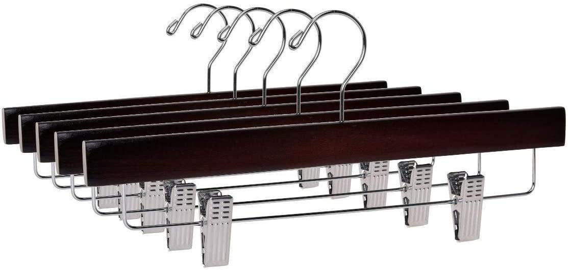 Premium 100-Pack Wooden Clothes Hangers with Swivel Hooks & Adjustable Clips - Heavy Duty Mahogany Pants, Skirt, Shorts & Slack Hangers for Wardrobe Organization - Perfect for Closet Storage, Retail Stores & Laundry Room Use
