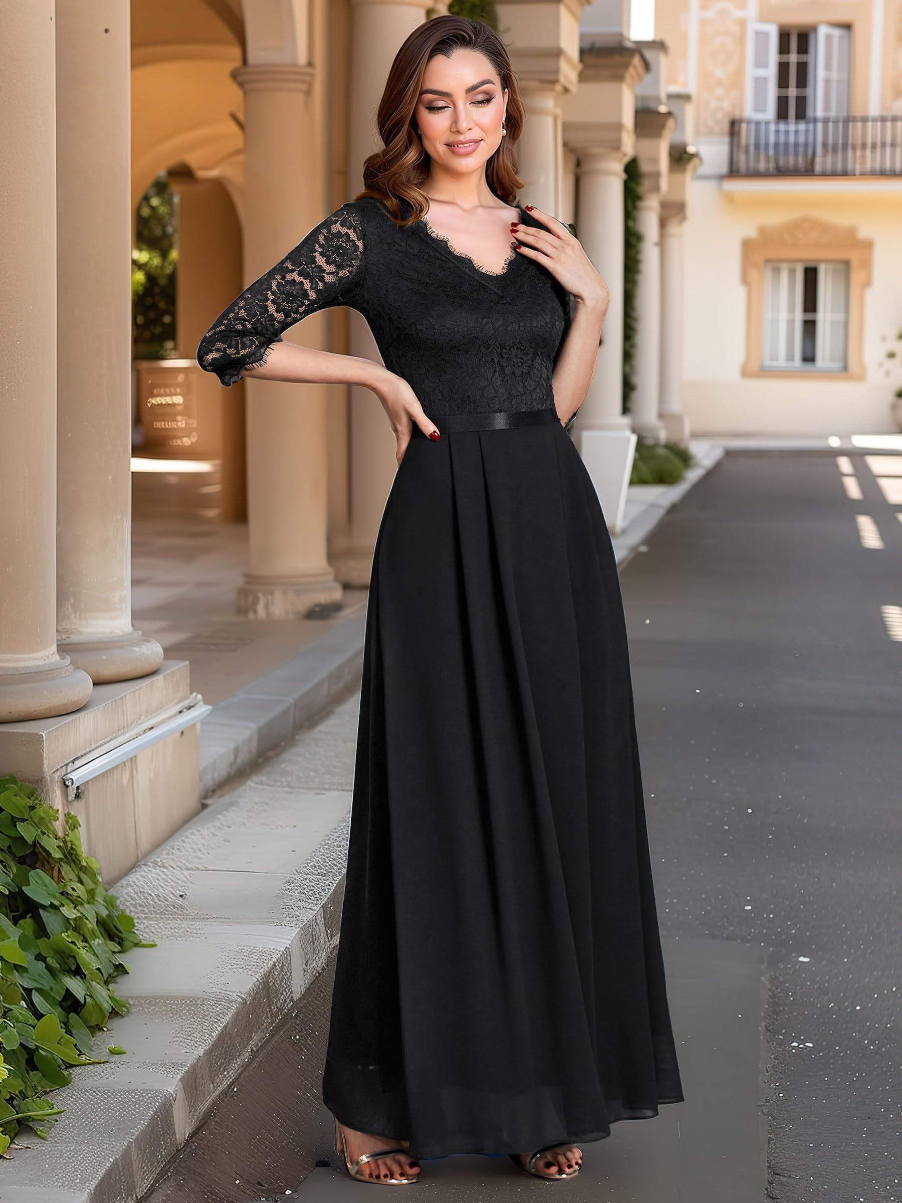 MISSMAY Women's Floral Lace Formal Evening Dress Long Sleeve Maxi Gown for Wedding, Prom, Cocktail Party & Special Occasions
