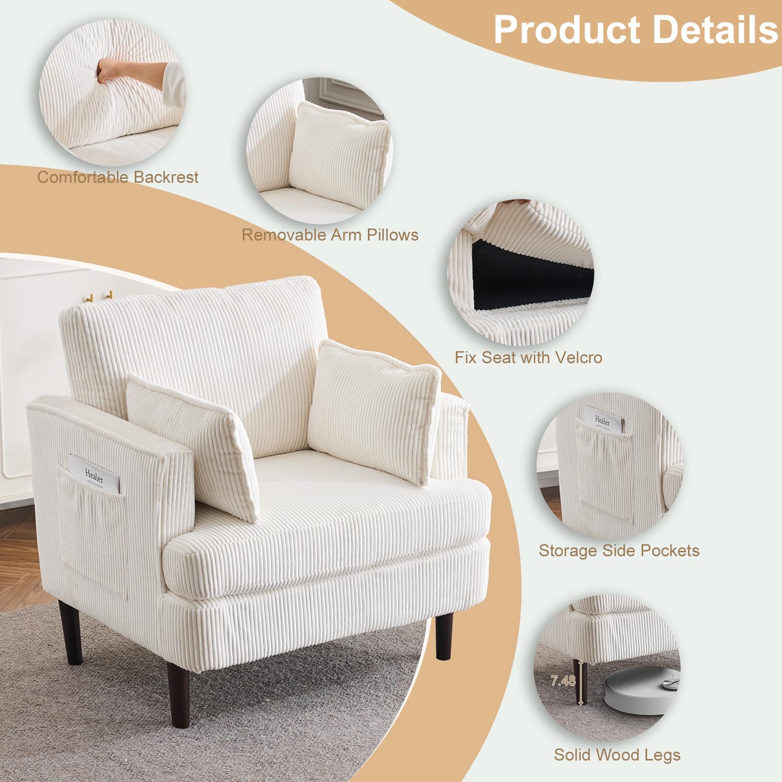 Karl Home Modern Accent Chair - Corduroy Upholstered Armchair with 2 Pillows & Side Pocket, Barrel Sofa Chair with Sturdy Solid Wood Legs - Comfortable Reading Chair for Living Room, Bedroom & Office (Beige) - Perfect for Relaxing, Reading & Small Space Decor