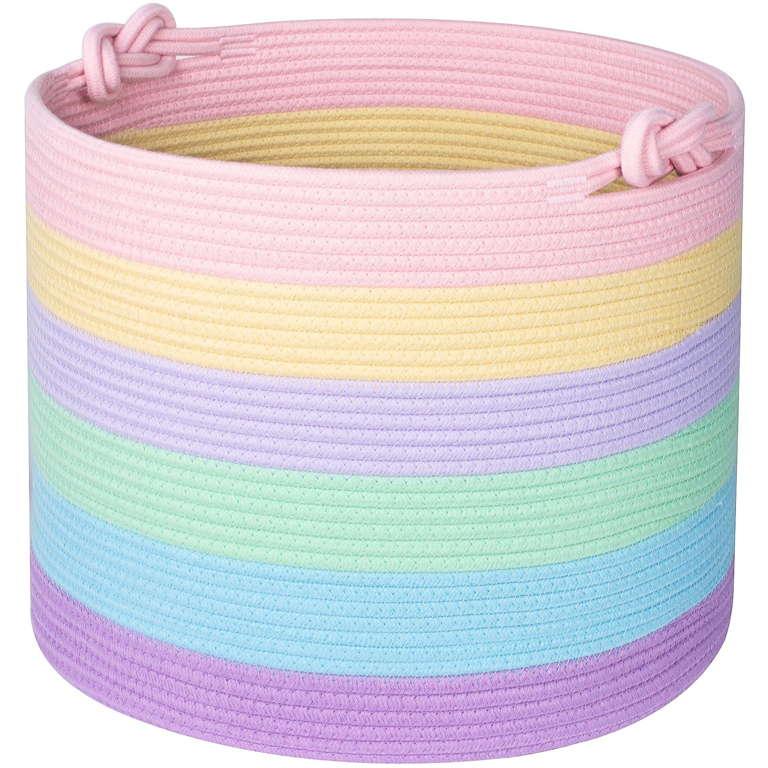 MINTWOOD 15 x 14.2 Inch Woven Cotton Rope Storage Basket - Pastel Rainbow Toy Organizer, Laundry Hamper, Nursery Decor, Pet Toy Bin, Blanket Holder - Perfect for Kids Room, Bathroom & Home Organization