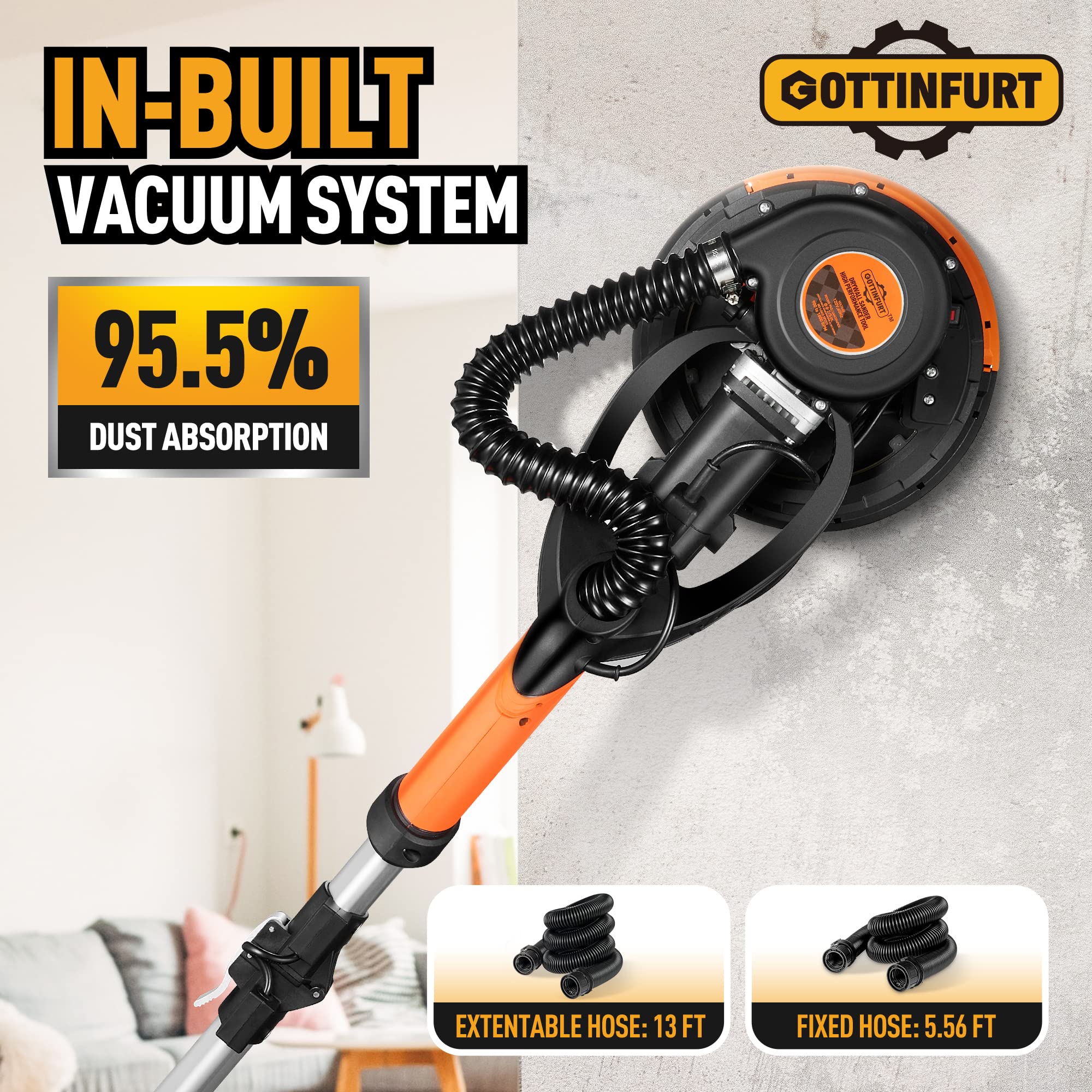Electric Drywall Sander with Vacuum - 7 Speed Adjustable (900-1800 RPM), 95.5% Dust Removal, 14ft Hose & 26ft Power Cord - Perfect for Ceiling Sanding, Wall Smoothing & DIY Home Renovation Projects