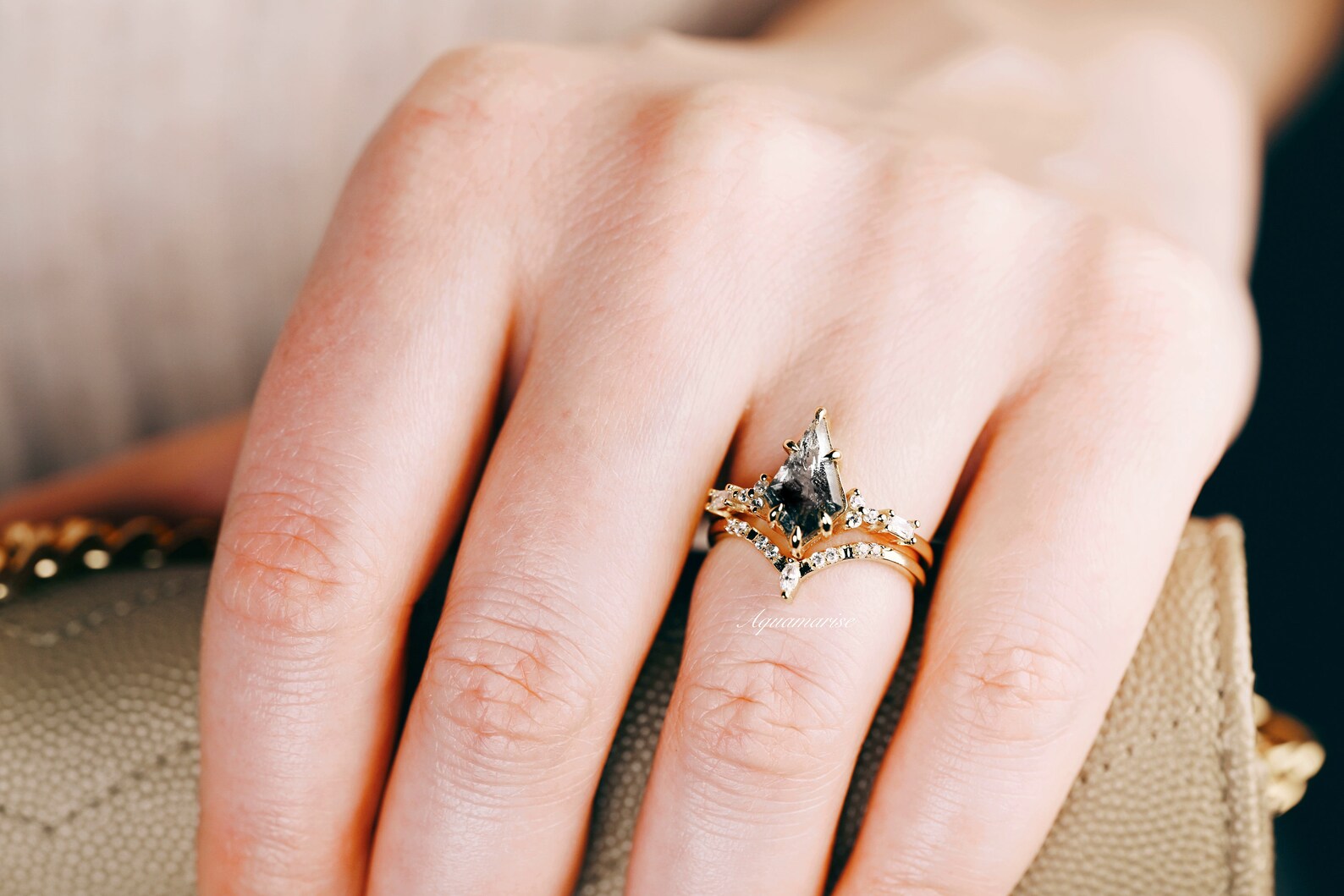 Skye Kite™ 14K Yellow Gold Vermeil Herkimer Diamond Ring Set with Galaxy Raw Salt & Pepper Gemstones - Elegant Jewelry for Women, Perfect for Weddings, Anniversaries & Special Occasions