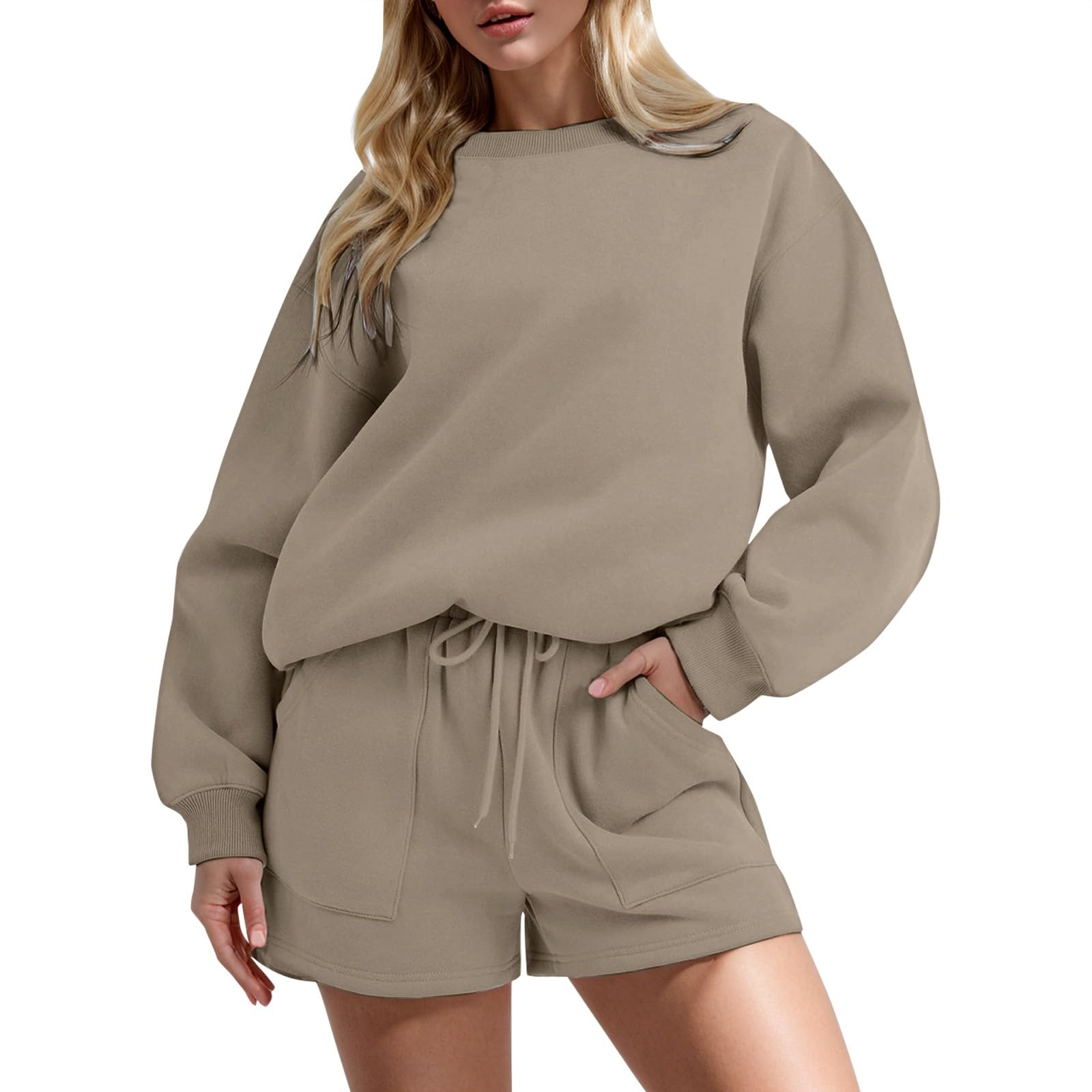 Women's 2-Piece Fleece Lounge Set - Soft Matching Sweatshirt & Sweat Shorts Outfit | Cozy Fall Fashion Loungewear for Home, Yoga & Casual Wear