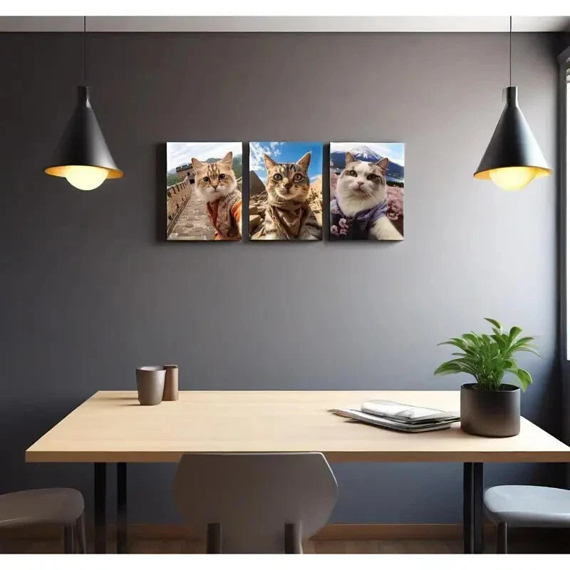 3-Piece Funny Cats at Great Wall, Pyramid & Mount Fuji Metal Wall Art Prints - Ready to Hang Home Decor for Living Room, Bedroom & Office