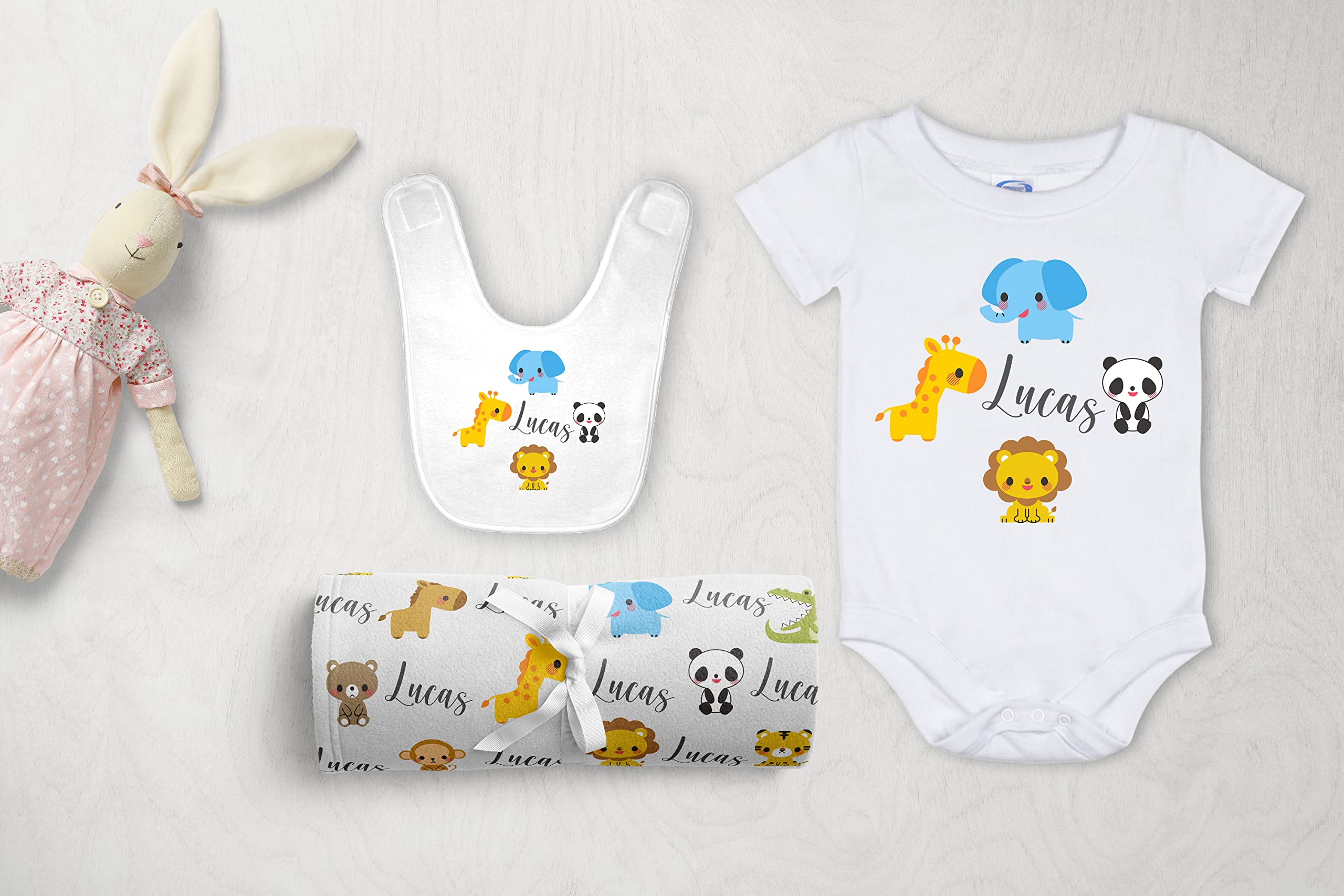 Personalized Baby Blankets with Name - Custom Newborn Boy Blanket Set Including Swaddle, Onesie & Bib - Soft & Cozy Baby Gift for Shower, Nursery & Photo Shoots