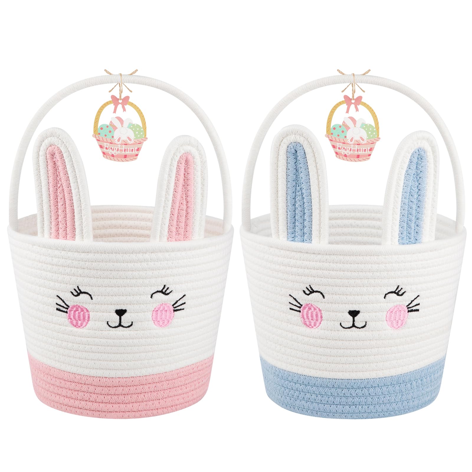 Personalized Easter Basket for Toddlers - 2 Pack Woven Baby Easter Gift Baskets with Handles, Empty Bunny Egg Storage for Girls & Boys (Pink & Blue) - Perfect for Easter Egg Hunts, Party Favors, and Spring Decorations