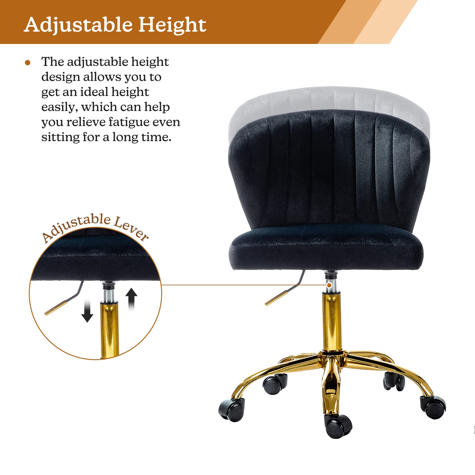 TINA'S HOME Modern Velvet Office Chair with Wheels - Adjustable Low Back Swivel Rolling Task Chair, Gold Base Armless Design for Home Office, Living Room, Vanity or Study - Black | Ergonomic Workspace & Reading Solution