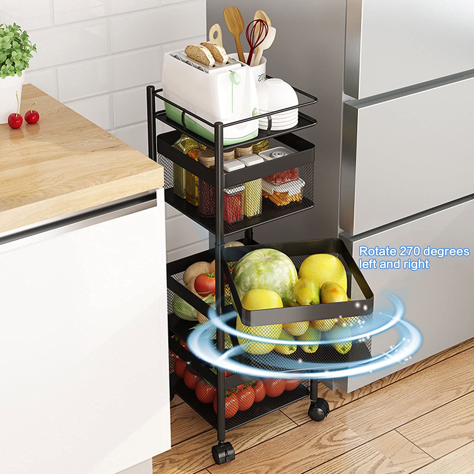 5-Tier Rotating Mesh Storage Cart with Wheels - Multifunctional Kitchen, Pantry, Bathroom & Office Organizer for Fruits, Vegetables, Home Supplies - Space-Saving Rolling Utility Shelf for Small Spaces