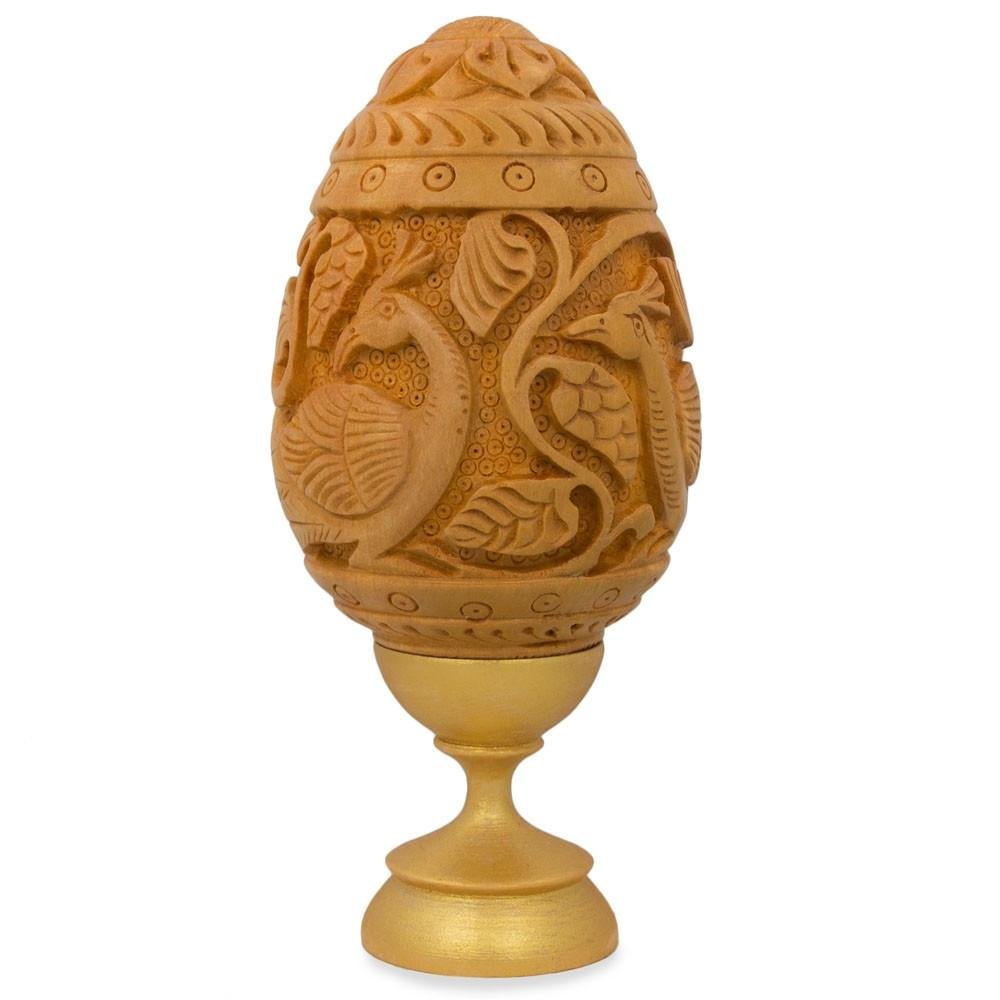 Hand Carved Peacock Wooden Easter Egg - 3 Inch Ukrainian Pysanky Art for Easter Decorations & Holiday Gifts